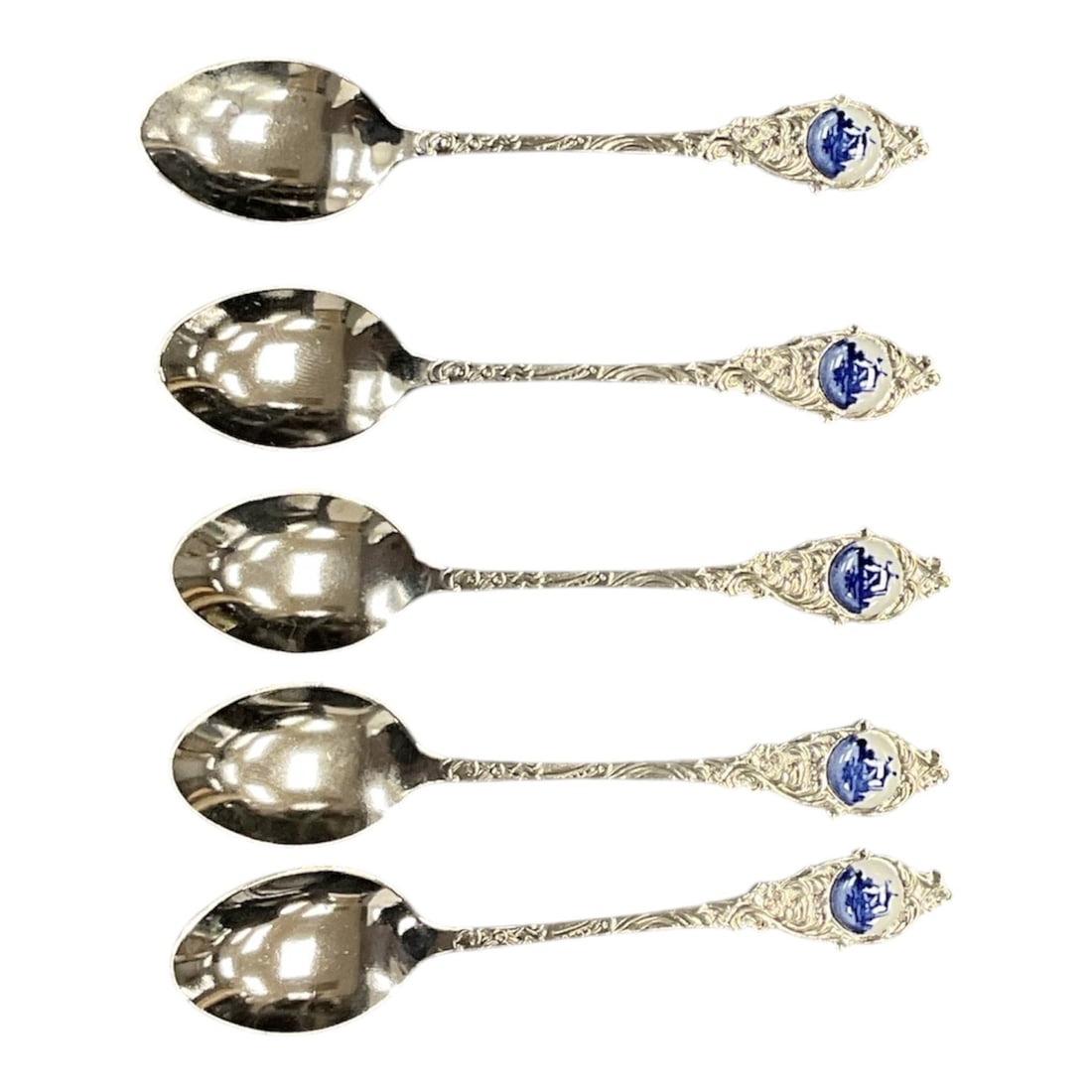 Set of Five Sterling Silver Souvenir Spoons with Enamel Crests (1 of 2)