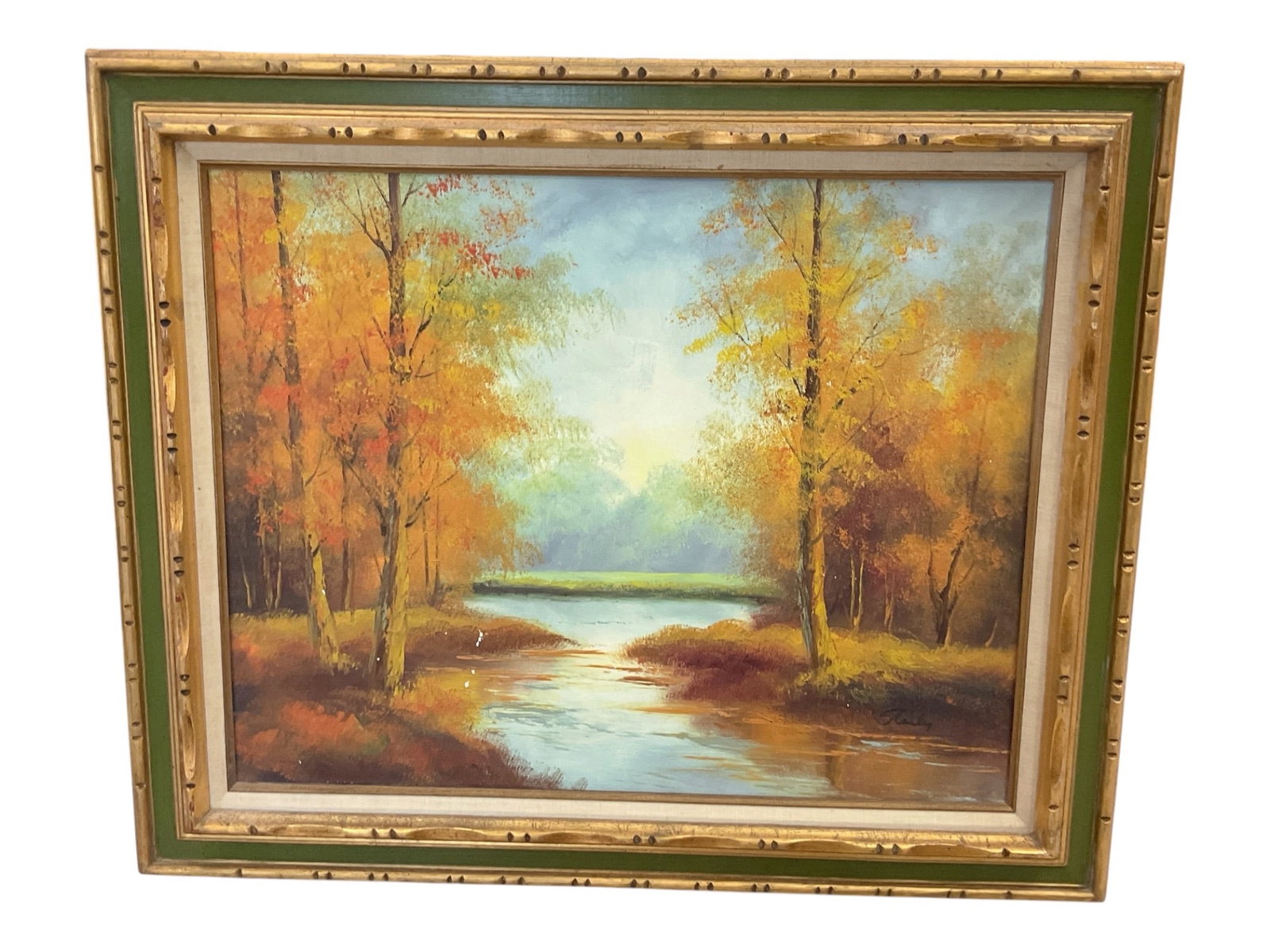Autumn Escape, Signed, Artist Unknown: Vintage Mid-Century Autumn Landscape Oil on Canvas