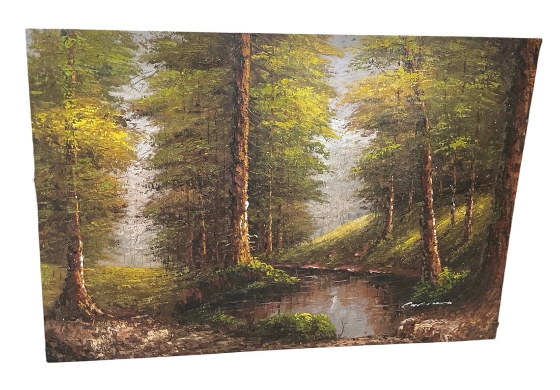 Tranquil Forest, Signed, Artist Unknown: The artwork depicts a tranquil forested river scene. It features a dense grove of tall, detailed trees—likely ever