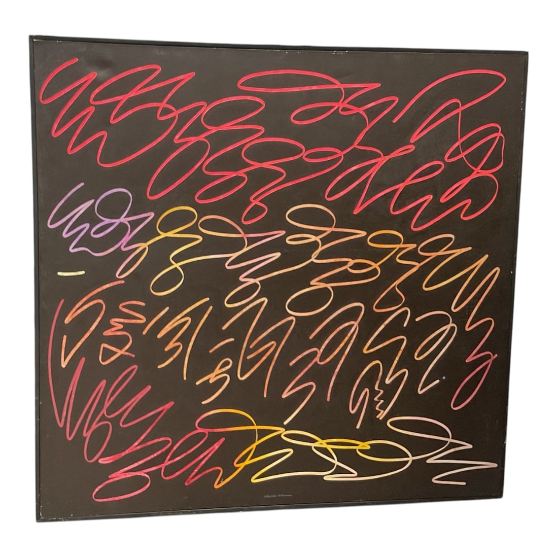 Large abstract painting by Charles Fuhrman, 1969: Large abstract painting featuring dynamic looping calligraphic strokes in red, yellow, and pink over a deep brown background. Signed and dated 1969 by Charles Fuhrman The rhythmic, flowing 
