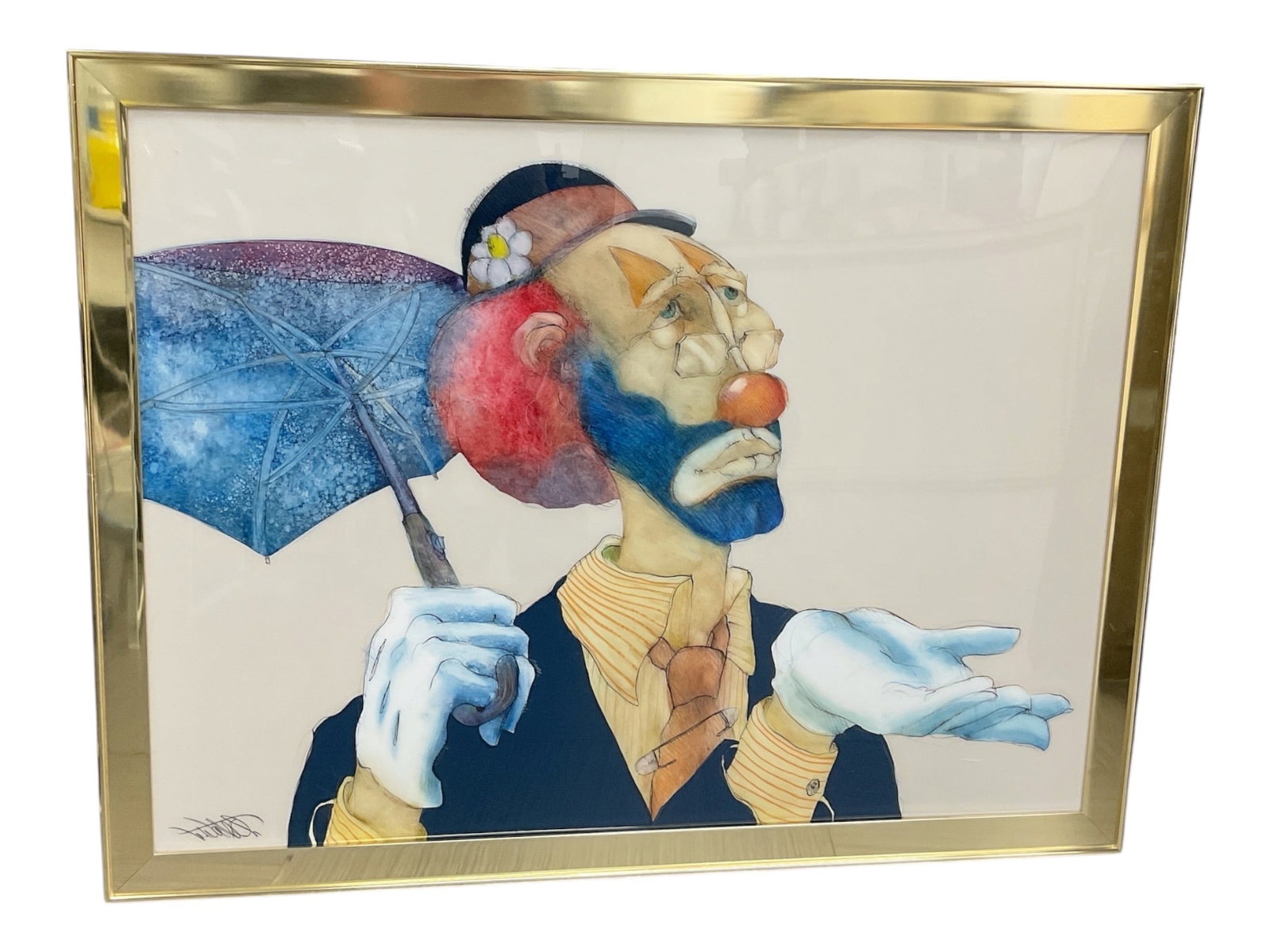 Tim Kotate Signed Clown Artwork with Umbrella: Large framed artwork by Tim Kotate depicting a colorful clown with painted face, red nose, and bowler hat holding a blue umbrella. The figure is shown gazing upward with an expressive, melancholic loo