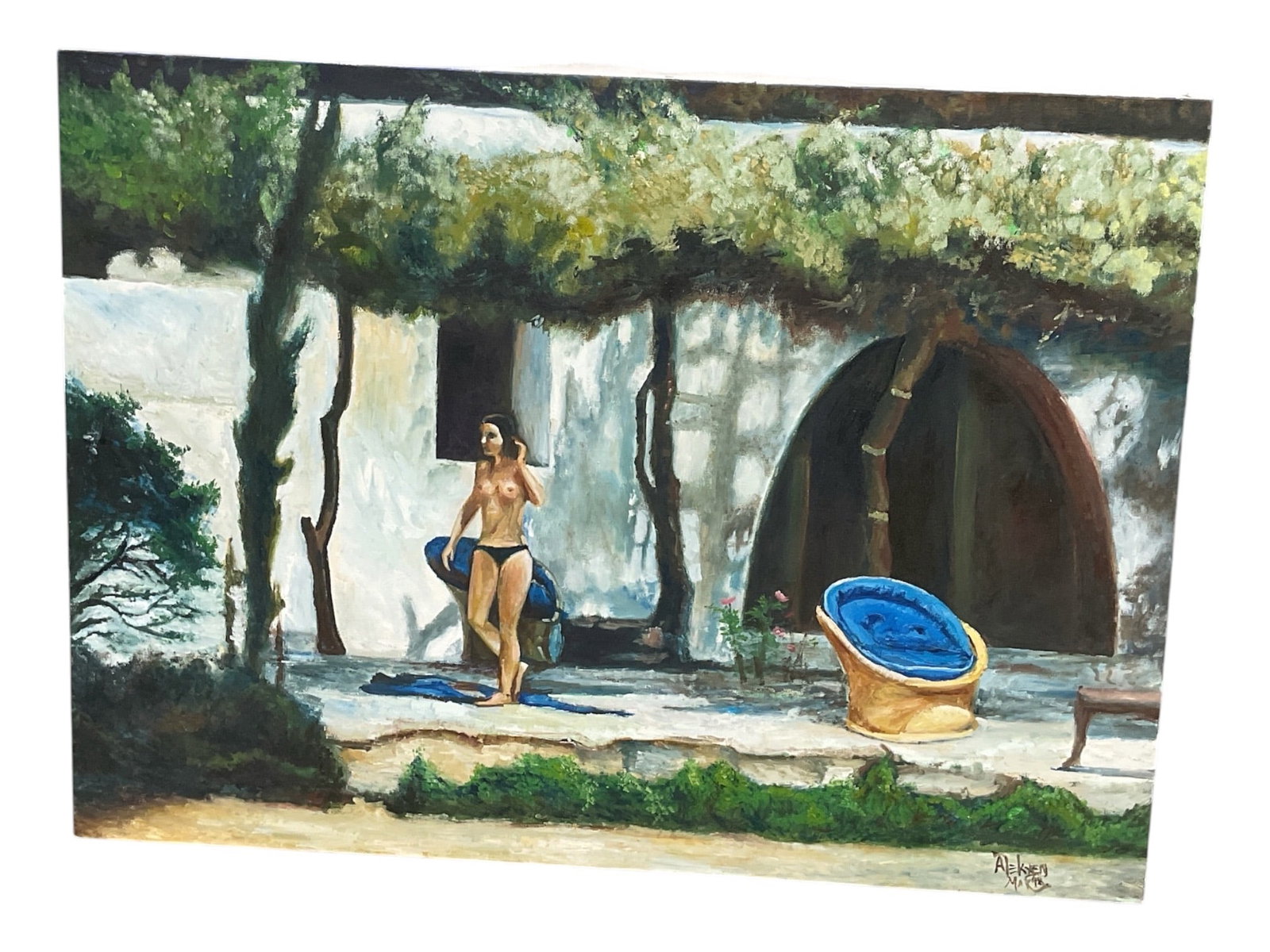 Jacqueline Kennedy Onassis Oil Painting, W/ Docs: Oil on canvas nude painting of Jackie Onassis by Alekxey Sabido. Provenance: In 1973 during a marital dispute Between Jackie Onassis and her husband Aristotle Onassis the paparazzi was made aware that