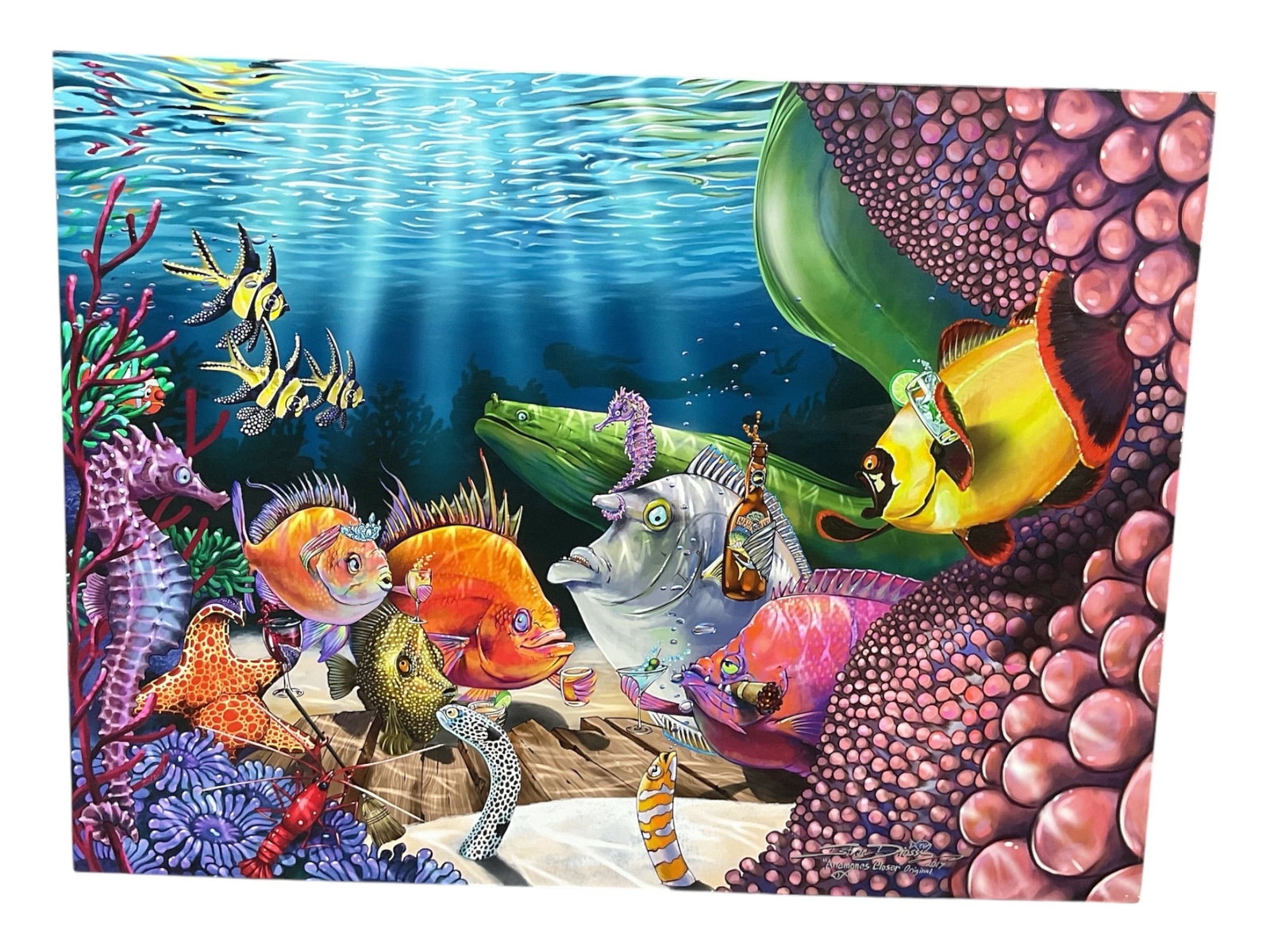 "Anemones Closer" by Steve Diossy (American, b.1975) Mixed Media: A large, vibrant undersea scene by artist Steve Diossy featuring a whimsical gathering of colorful marine life including fish with cocktails, lobsters, and seahorses in a surreal, humorous composition
