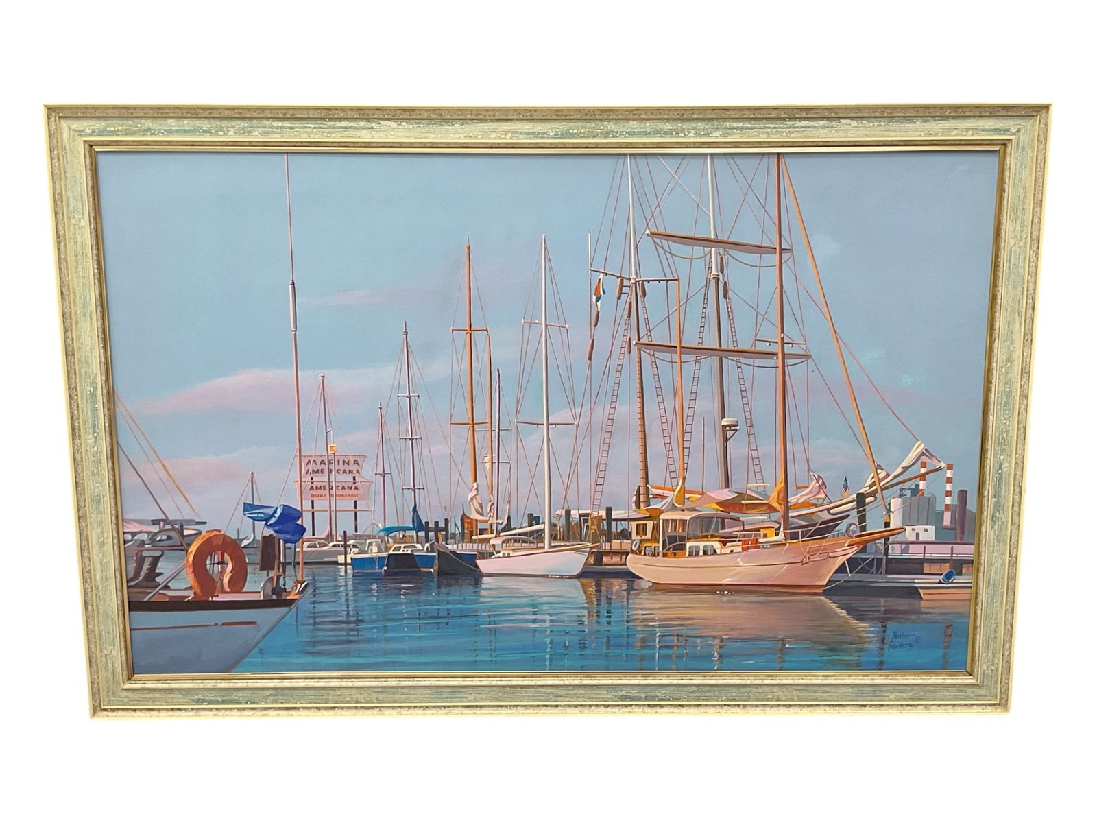 "Marina" by Matthew Popielarz (American) Oil painting: This oil painting, titled "Marina," by contemporary artist Matthew Popielarz showcases a serene and vibrant harbor scene. The artwork highlights intricate details of sailboats docked on a ca
