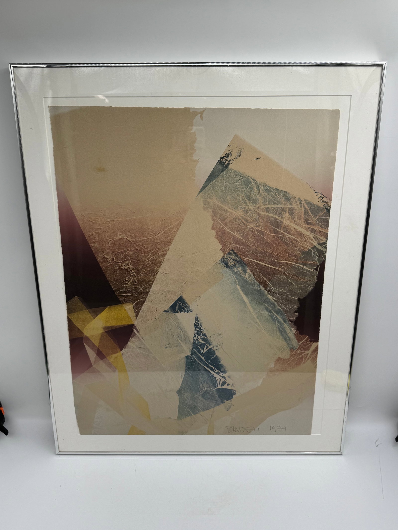 Scott Sandell (American b.1953) Lithograph: Description: Sandell Abstract Composition 1979 mixed media print featuring layered geometric shapes and translucent textures in warm earth tones and muted pastels, creating a sense of depth and moveme