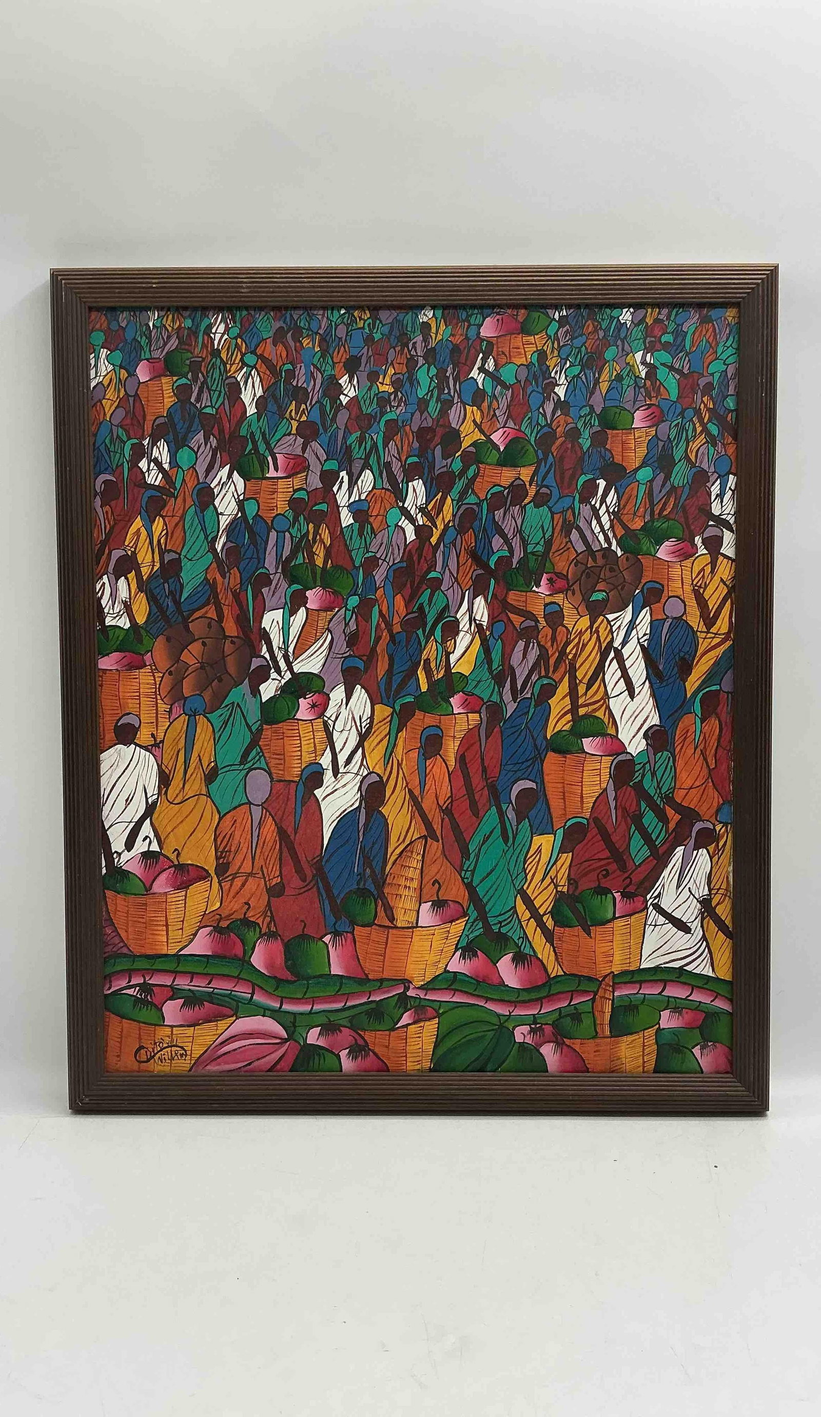 Market by Willim Ditovil (Haitian) with Paperwork: Description: A vivid and energetic painting depicting a bustling market scene with numerous figures and baskets of produce. Executed in a highly detailed and colorful style, the work captures the rhyt