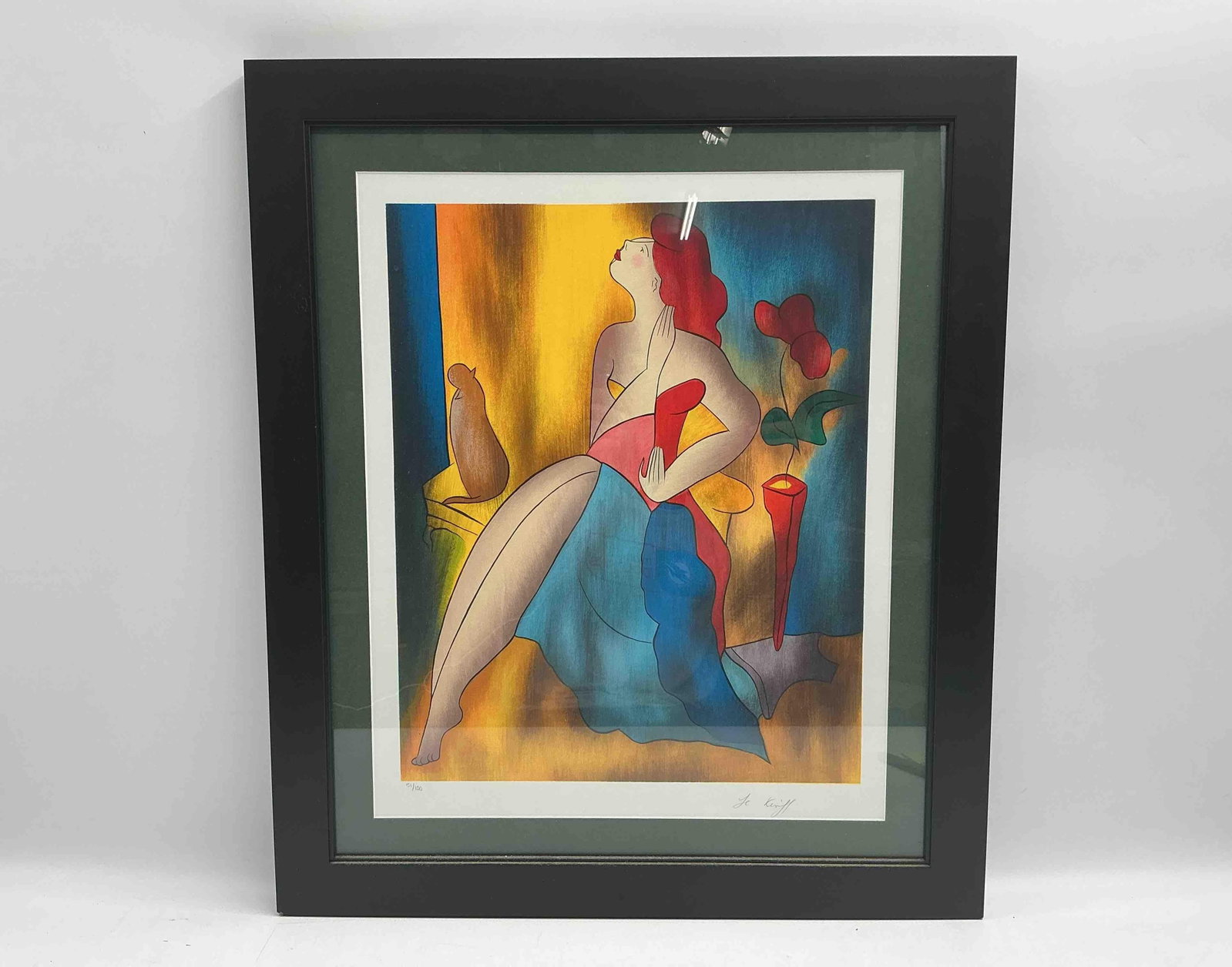 Contemplation in Color by Le Kinff (France,b.1949) Serigraph with Appraisal: A stylized composition of a seated woman surrounded by vivid blocks of color, blending cubist influence with sensual form. This limited edition print captures Le Kinff’s signature balance of ele