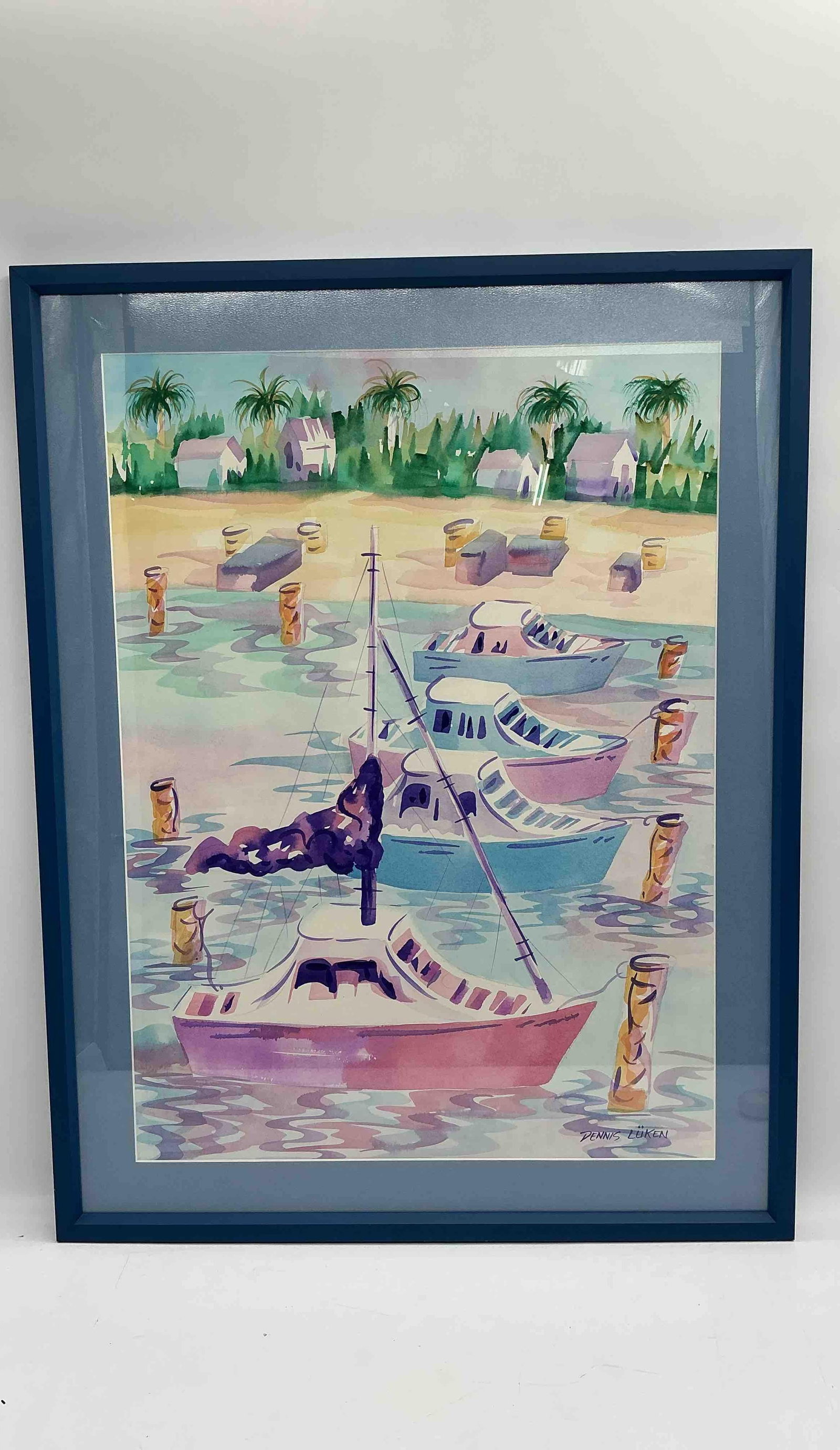 Four Sailboats by Dennis Luken (American) Watercolor with Sales Receipt: Description: A serene pastel-toned nautical scene by Dennis Luken, Four Sailboats captures the easy rhythm of coastal life. The composition features four sailboats drifting in still waters n