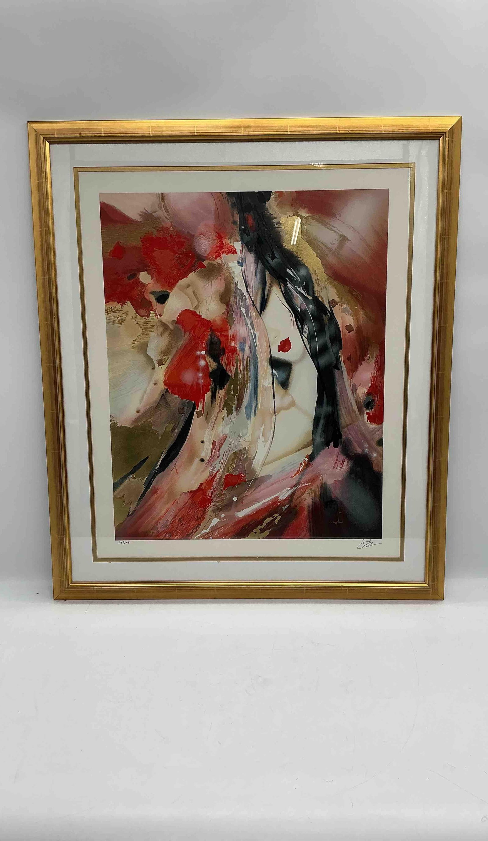 Accent in Fuchsia by Suzanne Marie with sales receipt: Description: A bold and expressive portrait featuring a stylized female figure partially obscured by sweeping brushstrokes in vibrant fuchsia, gold, and cream. The composition fuses elegance and abstr