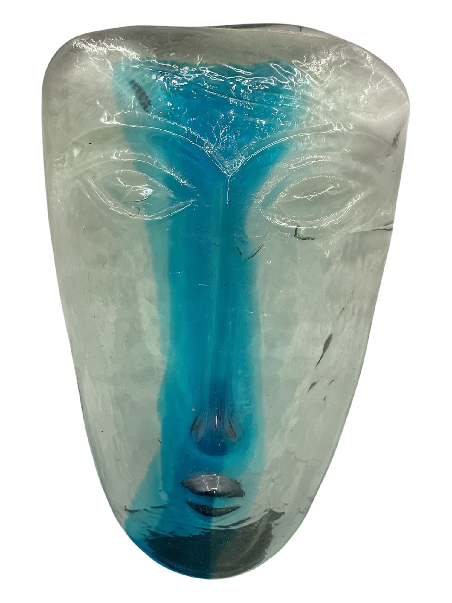 Modern Art Glass Face Sculpture: Striking modern art glass sculpture depicting an abstract human face, rendered in a thick, freeform glass form. The piece features a translucent body with a soft, cloudy appearance, contrasted by a bo