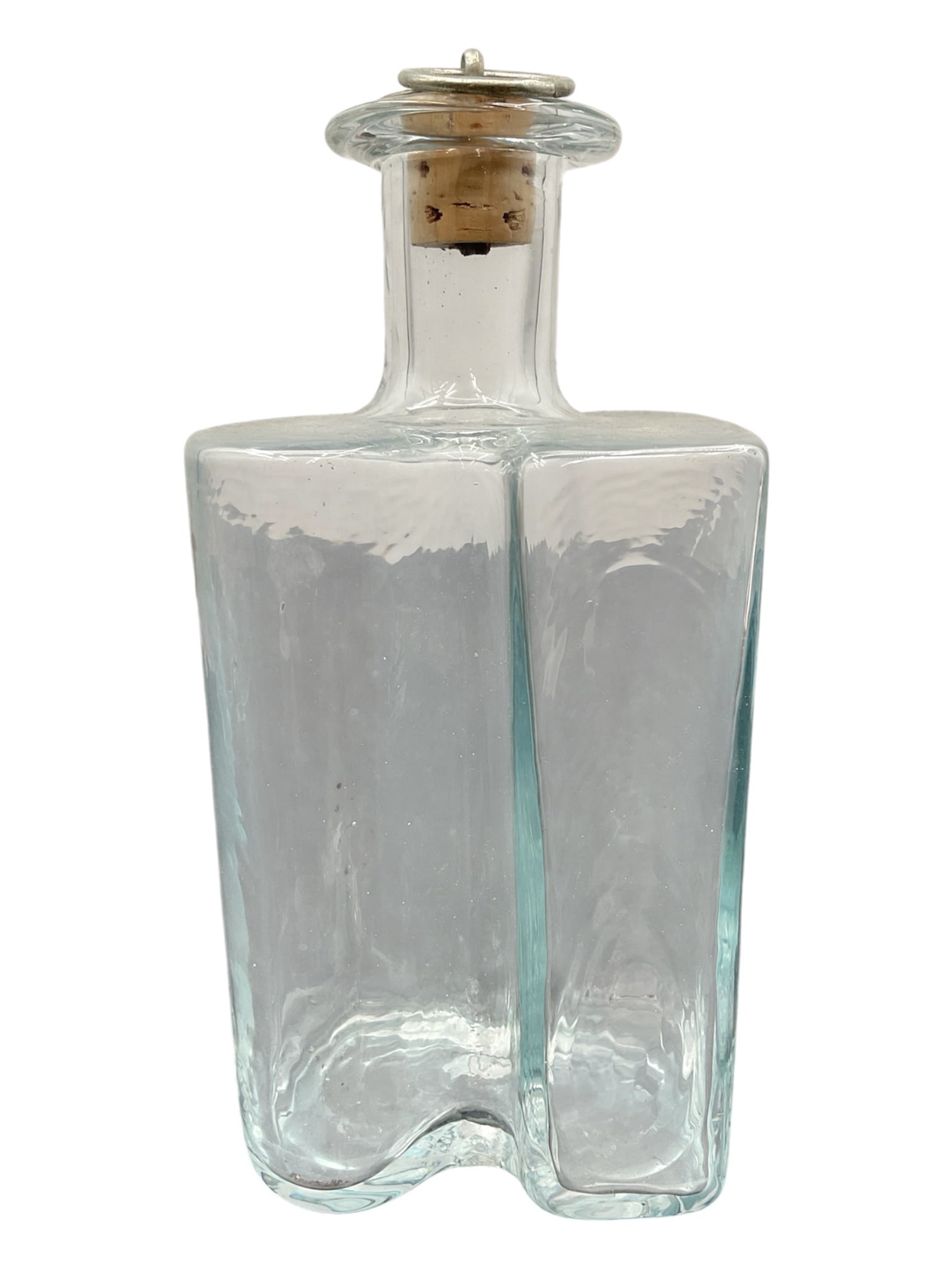 Mid-Century Modern Handblown Art Glass Decanter: Mid-century modern handblown art glass decanter featuring an organic freeform silhouette with softly rounded rectangular body and subtle aqua tint. The sculptural form is complemented by a cylindrical
