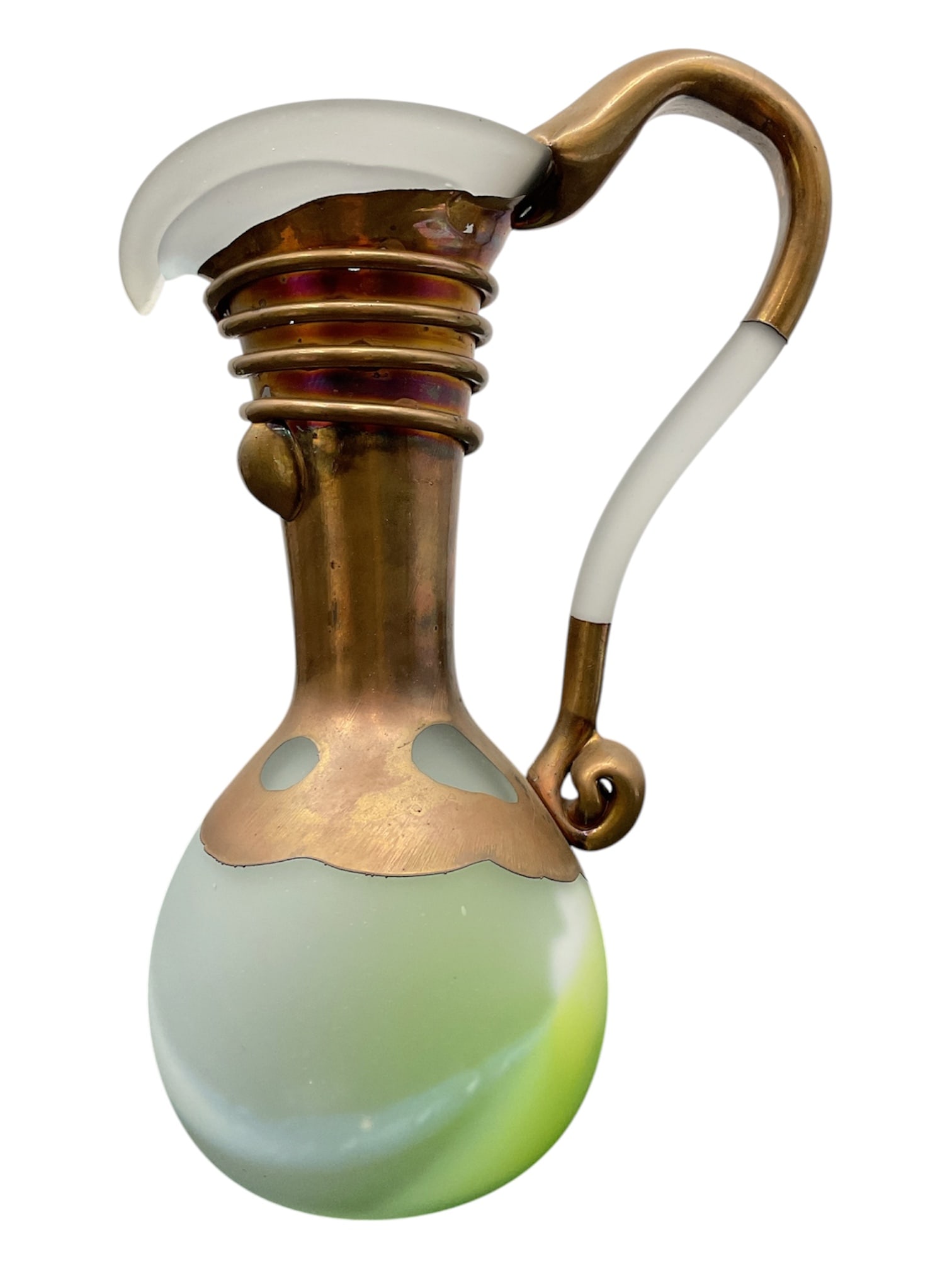 Vasile Tubi Vadan (“Mady??) Art Nouveau Style Frosted Glass and Copper Ewer Vase: Decorative Art Nouveau style ewer-form vase attributed to Romanian glass artist Vasile Tubi Vadan, signed “Mady.” The piece features a satin frosted glass body with soft white and chartreu