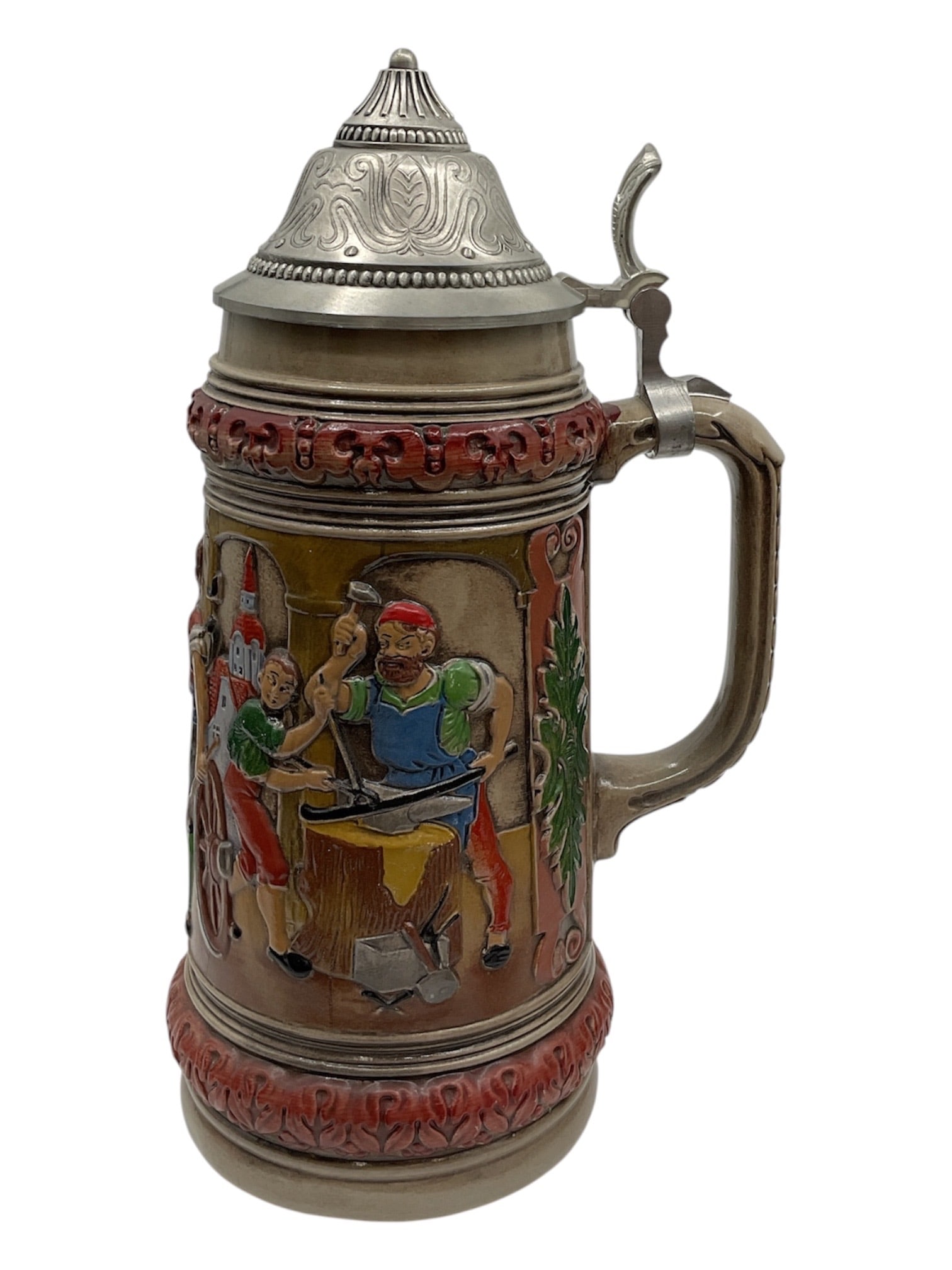 Vintage German Gerz Lidded Beer Stein: This is a traditional German beer stein featuring a vibrant, hand-painted relief scene. Similar items indicate it