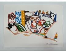 Still Life with Reclining Nude attributed to Tom Wesselmann: This vibrant work attributed to Tom Wesselmann features a reclining female figure integrated into a colorful and abstract still life composition. The bold, gestural lines and vivid palette are charact