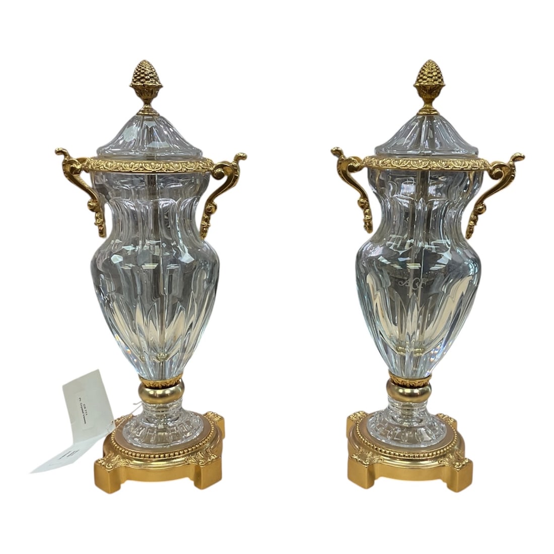 CS-711 Pair of Cut Crystal Covered Vases with Gilt Metal Mounts: A refined and elegant pair of cut crystal covered
