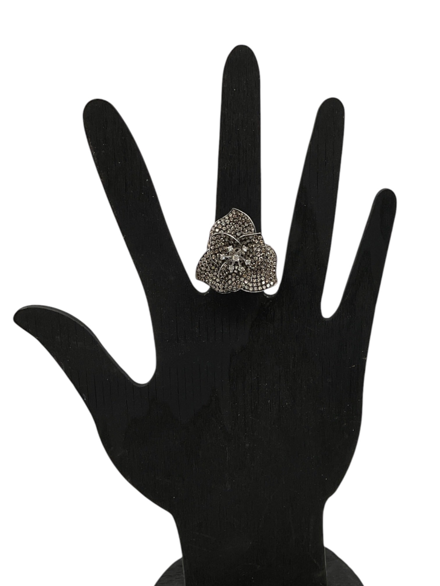 Champagne Diamond Flower Ring: A dramatic floral-form ring featuring pavé-set champagne natural diamonds arranged in layered petal motifs surrounding a central cluster accent. The sculptural openwork construction and dimensi