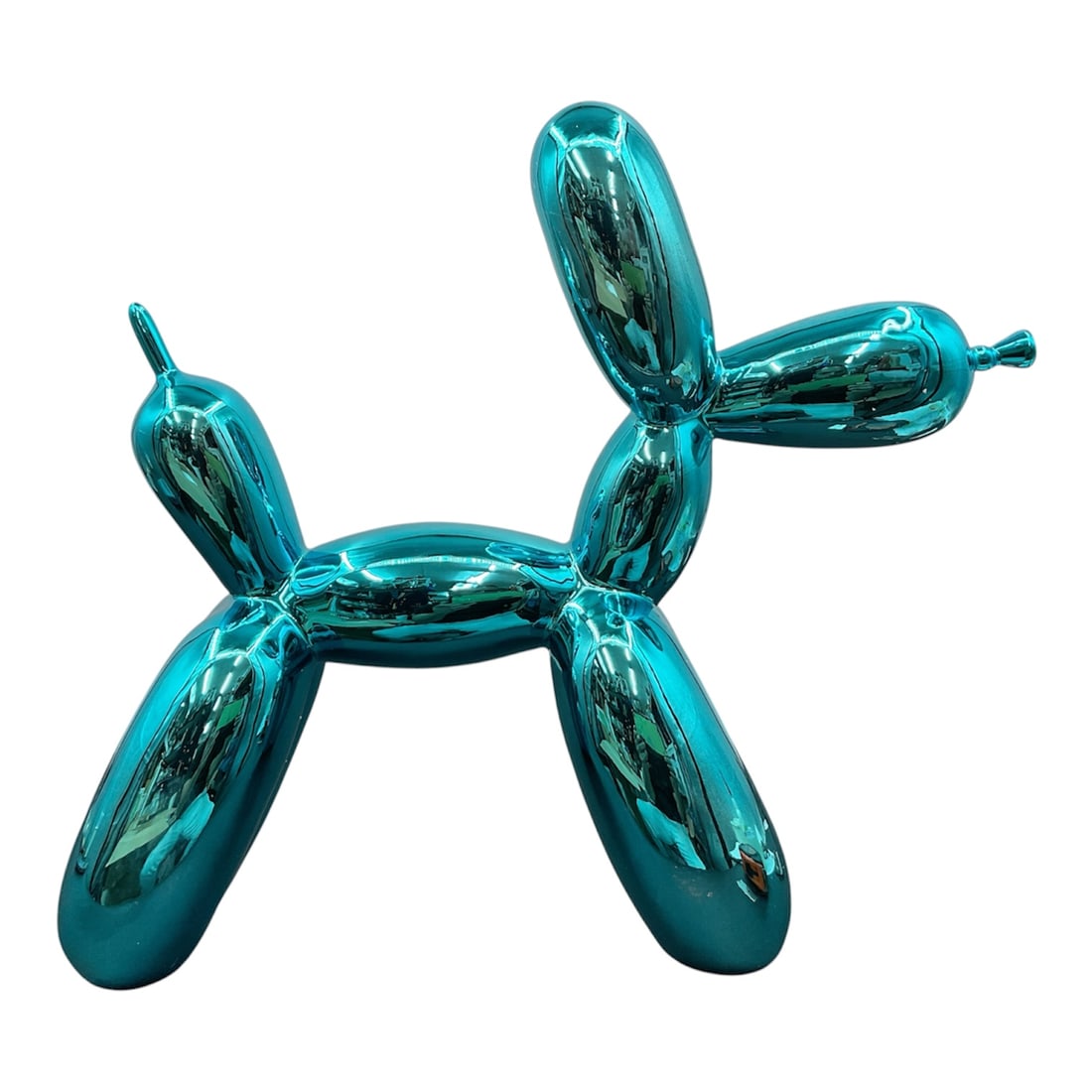 Contemporary Metallic Blue Balloon Dog Sculpture: Contemporary balloon dog form sculpture executed in a high-gloss metallic blue finish. Inspired by pop art and modern decorative design, the piece mimics the appearance of a twisted balloon animal wit