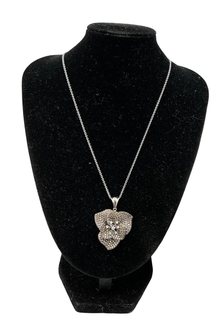 Champagne Diamond Flower Pendant Necklace: An elegant pendant necklace featuring a floral-form pendant adorned with pavé-set champagne natural diamonds. The sculptural flower design displays layered petal detailing and brilliant sparkle