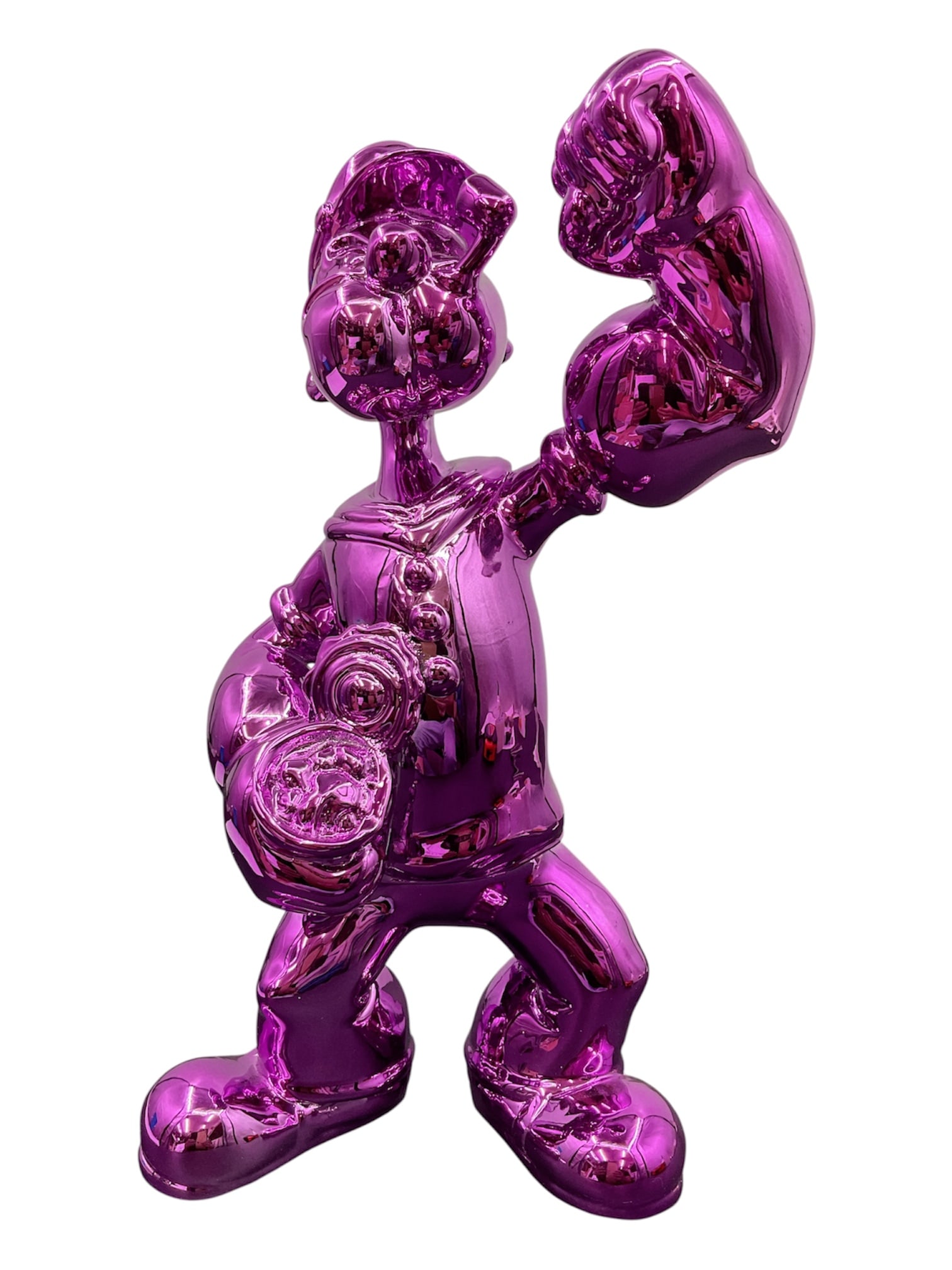 Contemporary Popeye Inspired Pop Art Sculpture: Contemporary pop art sculpture inspired by the iconic cartoon sailor Popeye, executed in a vivid reflective metallic magenta finish. The figure is portrayed flexing an exaggerated muscular arm while h