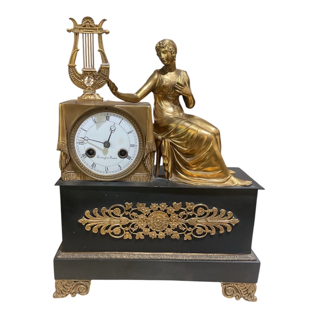CK035 - French Style Dore Bronze Figural Mantel Clock with Seated Lady and Lyre: An elegant and finely detailed dore bronze mantel clock featuring a classical figural composition of a seated lady accompanied by a lyre, executed in the style of 19th century French decorative arts. 