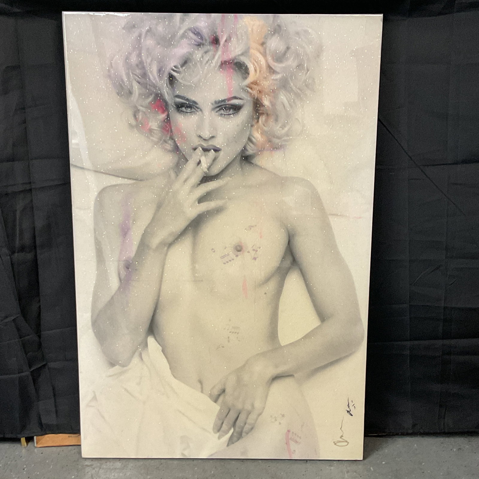 "Madonna" by Adam Scott Rote (American, b.1975) Mixed Media: Description: Pop art-style portrait of Madonna, signed by the artist. . The work features a black and white image with selective color accents. Medium: Mixed media on canvas, mounted on board D
