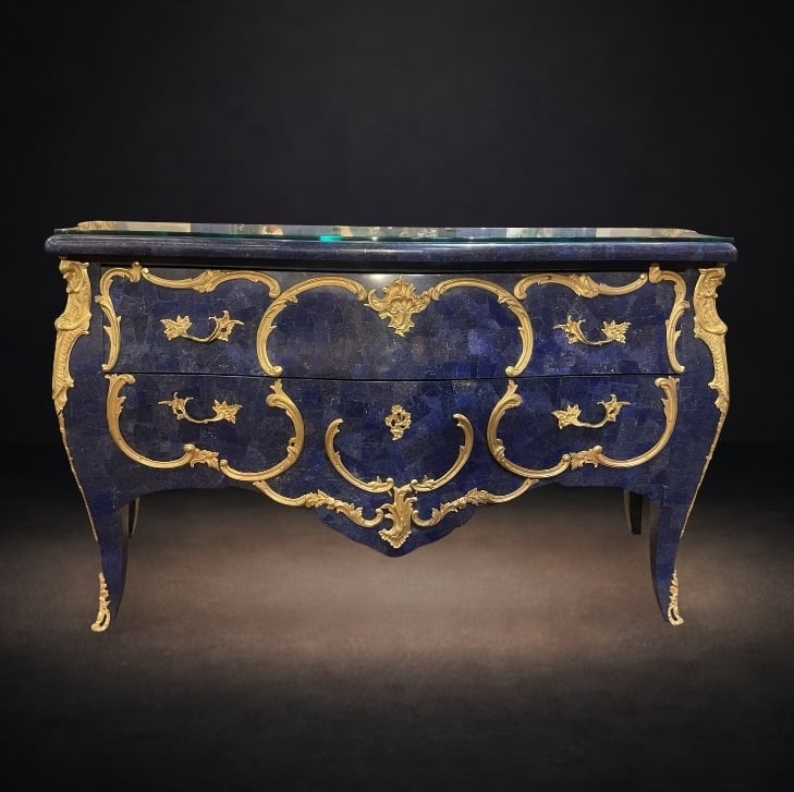 LC165 - 19th Century French Style Lapis Lazuli and Dore Bronze Two-Drawer Commode: An exceptional two-drawer 19th century Frenc