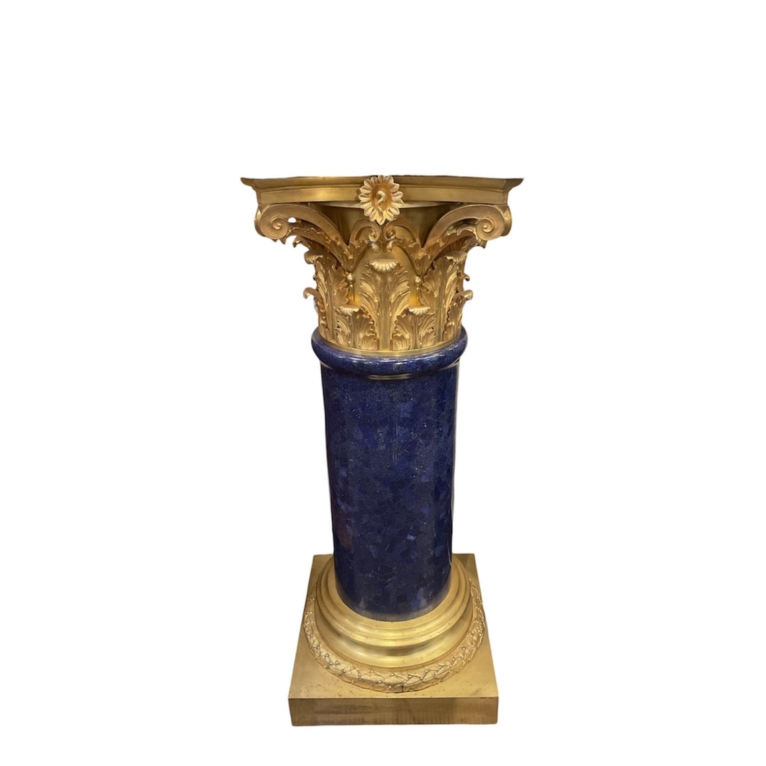 LC184 - Pair of Lapis Lazuli and Dore Bronze Pedestals with Corinthian Capitals: An impressive pair of pedestals executed in a gra