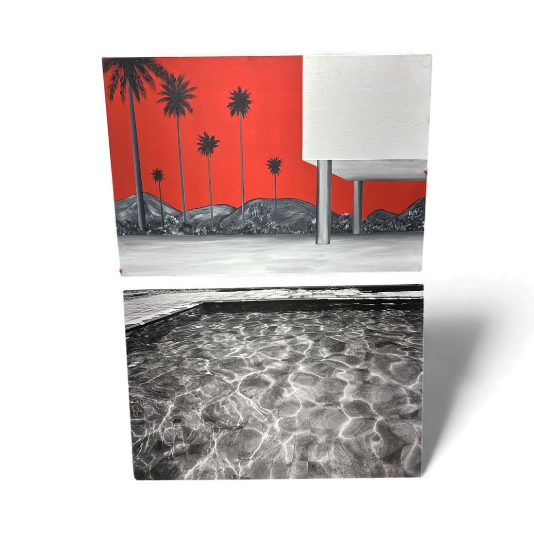 Swimming Pool Series I by Almir Reis: Original painting by Brazilian artist Almir Reis from his Swimming Pool Series. The composition features a bold red sky with silhouetted palm trees above a modern architectural structure, contrasted w