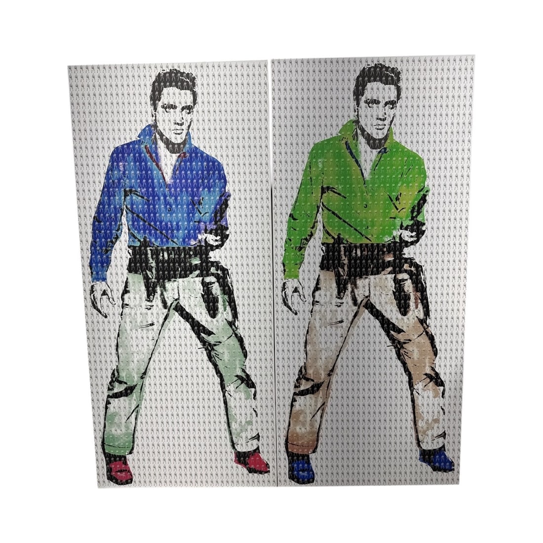 MASSIVE Eternal Elvis by Almir Reis: Large contemporary pop-art style painting by Brazilian artist Almir Reis titled Eternal Elvis. Features a dual portrait of Elvis Presley in two color variations set against a patterned background, ble