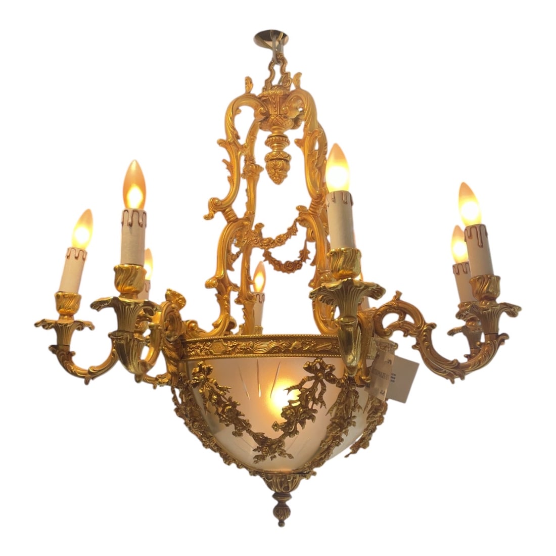 CH230 - (1) 8-Light Dore Bronze and Crystal Chandelier: A highly ornate 8-light chandelier executed in the classical European style, featuring an elaborate dore bronze framework combined with a central frosted glass or crystal bowl. The design is richly de