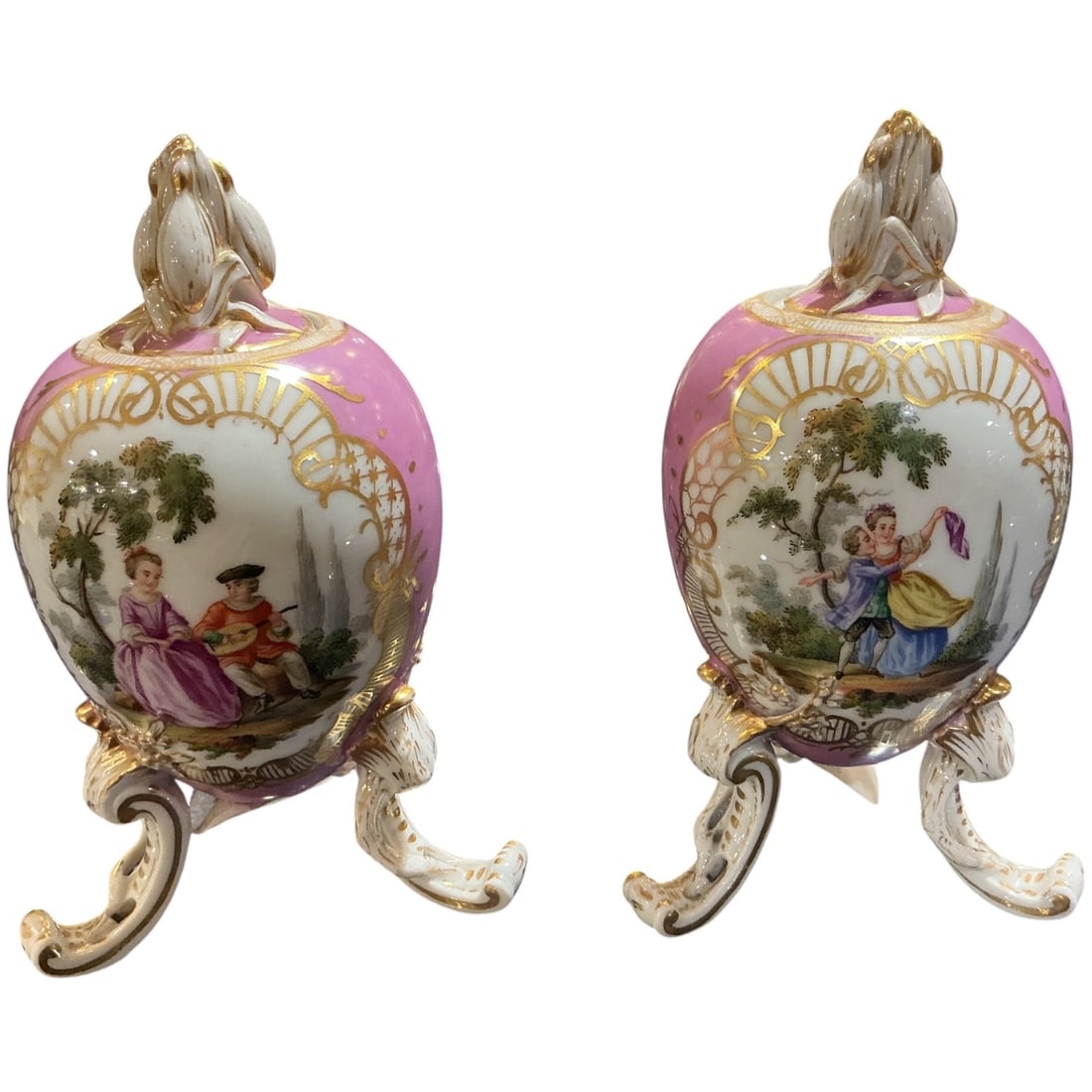 PC719 -Pair of 19th Century KPM Porcelain Cabinet Vases: A charming pair of 19th century porcelain cabinet vases attributed to KPM (Königliche Porzellan-Manufaktur), finely decorated in a vibrant pink ground with hand-painted figural scenes.