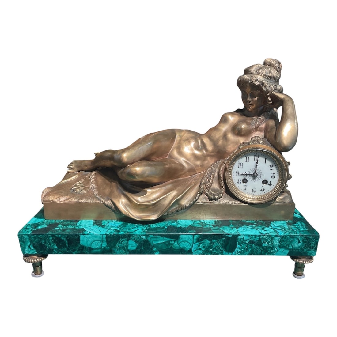 MC119 - 19th Century Russian Malachite and Dore Bronze Figural Clock with Reclining Lady (1 of 12)