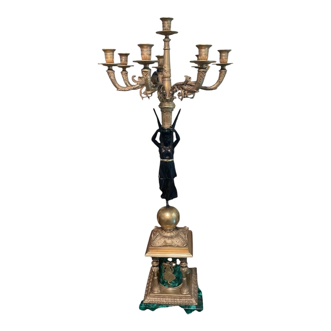 MC158 - Pair of Malachite and Dore Bronze Figural Candelabra: An impressive pair of figural candelabra executed in a grand neoclassical style, combining rich malachite bases with finely cast dore bronze elements and sculptural figures. Each candelabrum presents 