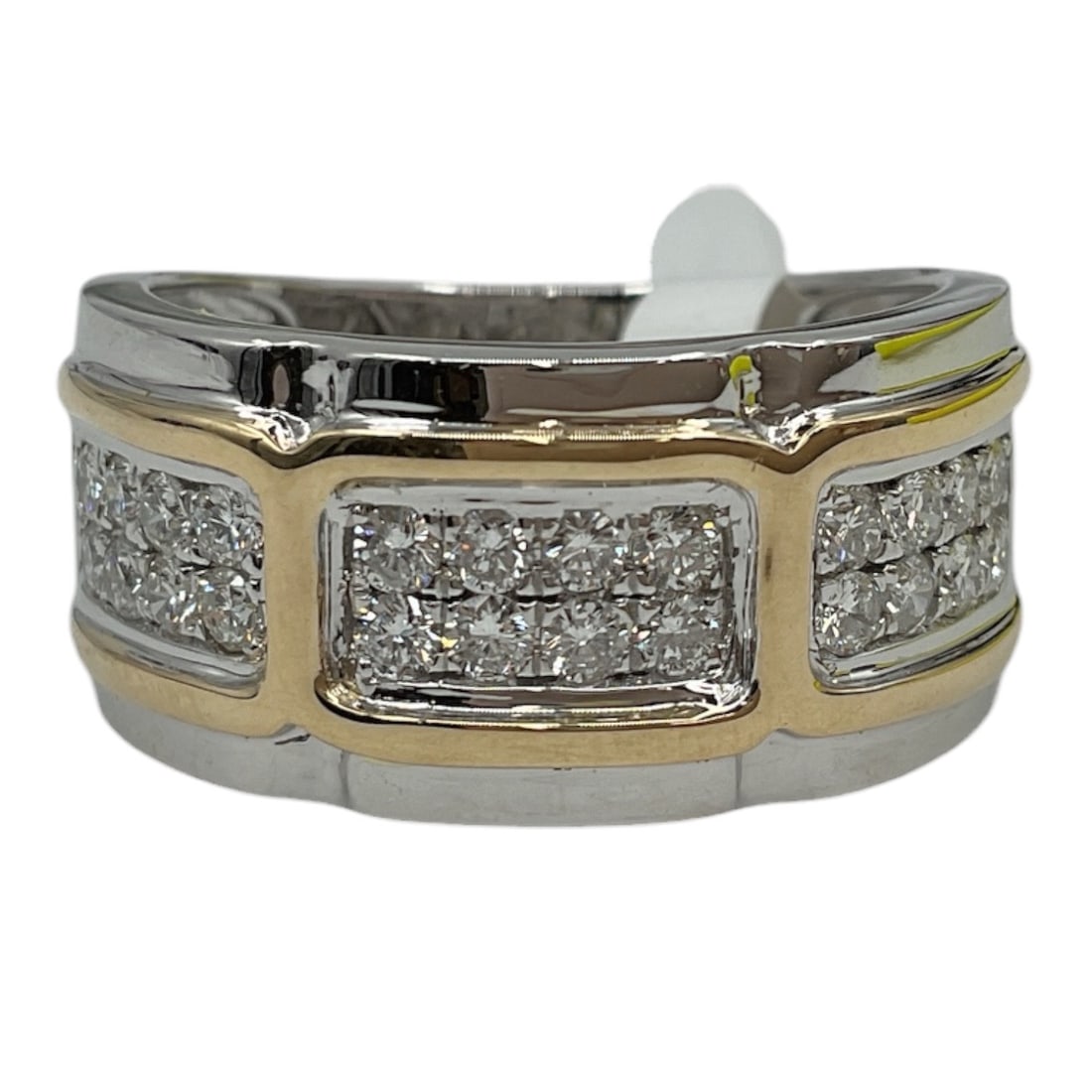 Aaron Basha 14K Gold Diamond Ring with AIGL Appraisal: A bold designer ring by Aaron Basha, crafted in 14K gold with a two-tone design. The wide band features rectangular panels set with clusters of round brilliant cut diamonds, framed by polished gold bo