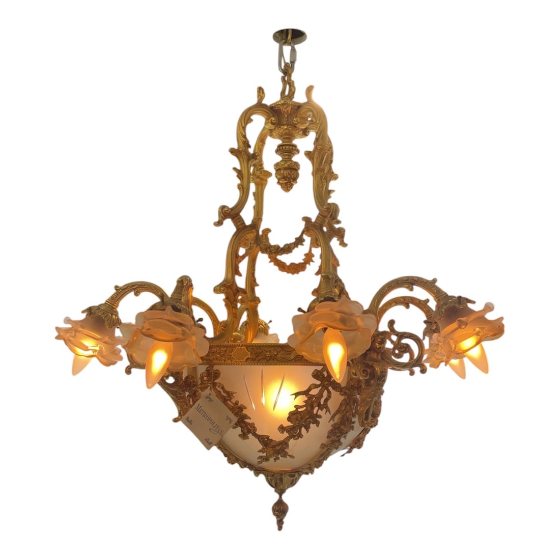 CH259 - (1) 8-Light Dore Bronze and Crystal Chandelier with Floral Arms: An ornate 8-light chandelier executed in an elaborate classical European style, featuring a finely cast dore bronze framework combined with a central frosted glass or crystal bowl diffuser. The design
