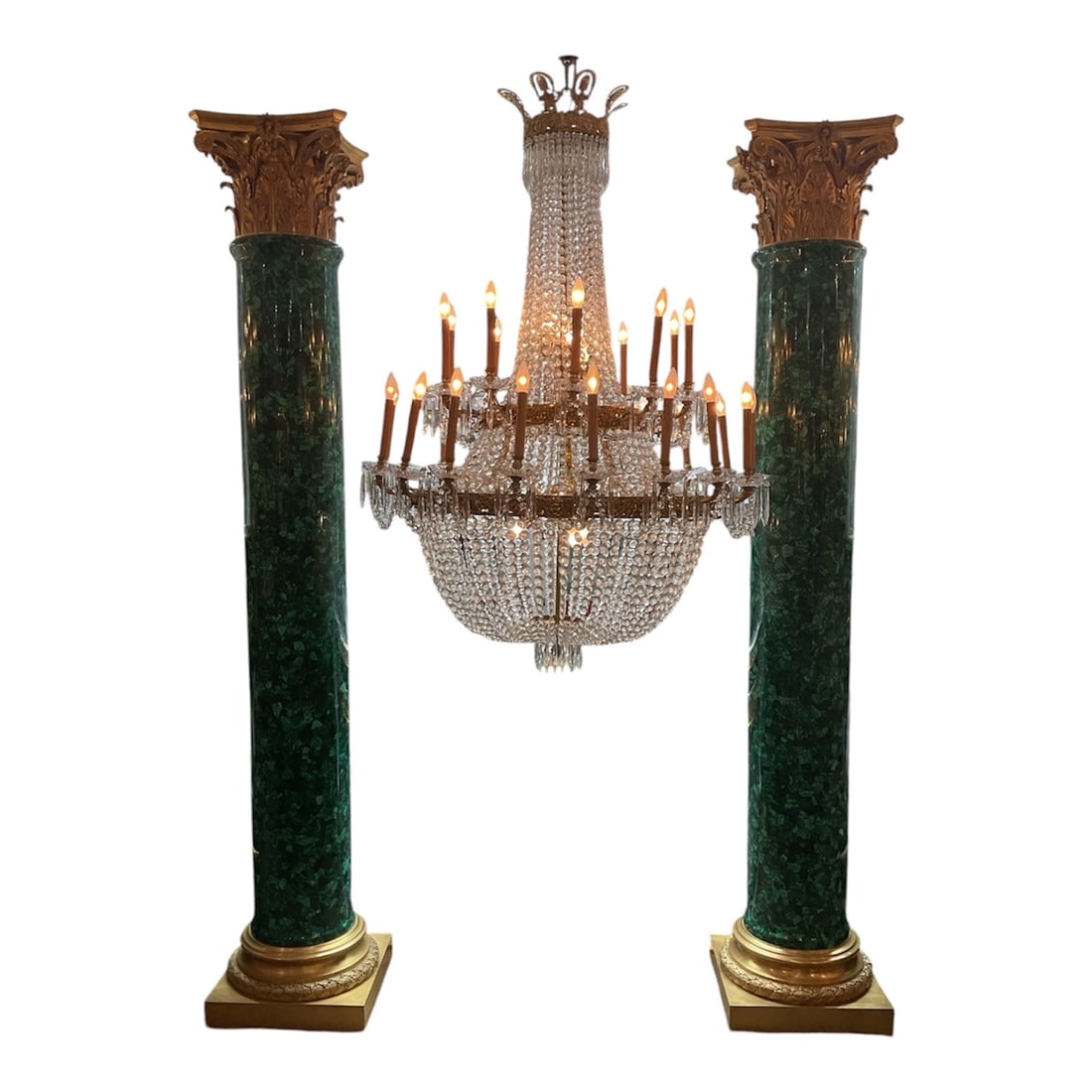 MC089 - Pair of Malachite and Dore Bronze Hermitage Columns: An impressive pair of monumental columns executed in the grand Russian Imperial style, inspired by the opulent interiors of the Hermitage. Each column features a richly veneered malachite shaft combin