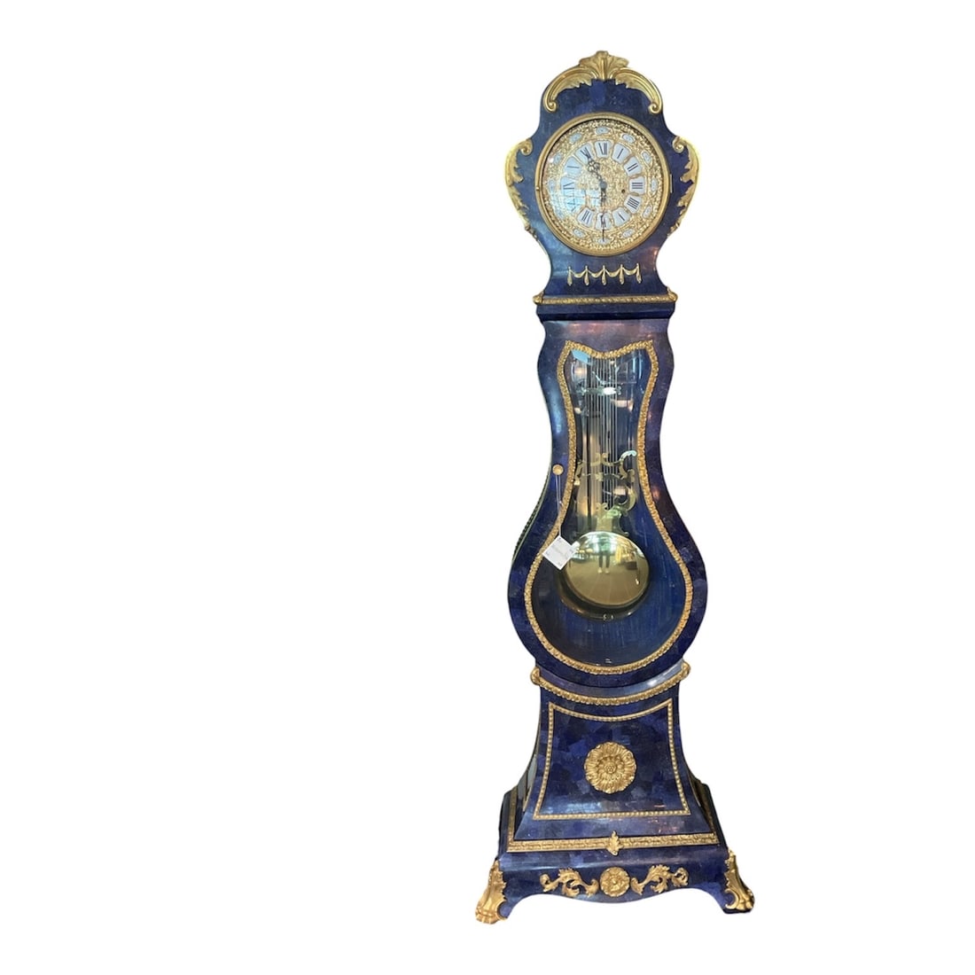 LC185 - Lapis and Dore Bronze Grandfather Clock: An extraordinary tall case clock executed in richly veneered lapis and adorned with finely cast dore bronze mounts, embodying the grandeur and elegance of neoclassical design. This striking timepiece 