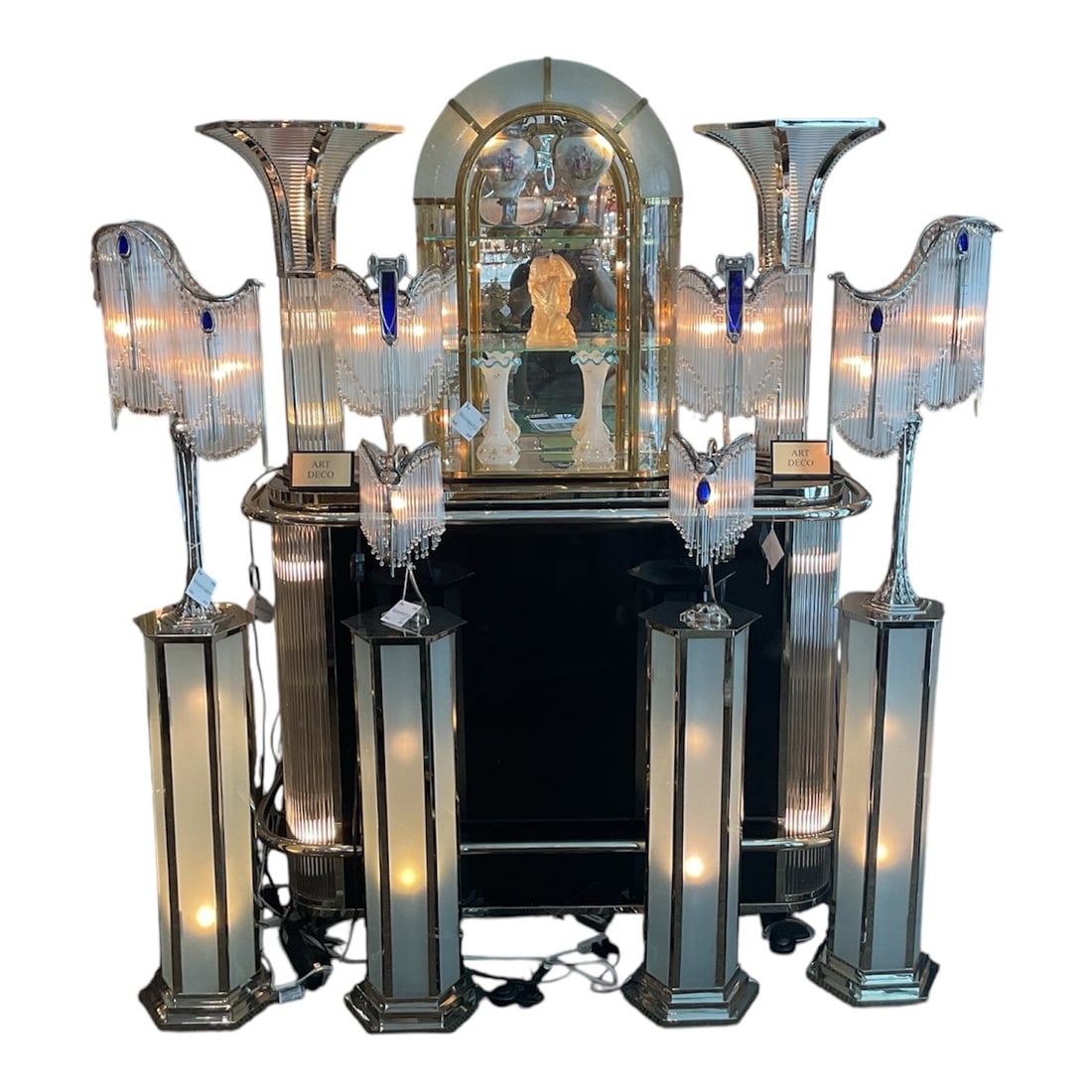 LM038 - Pair of Art Deco Crystal Rod Table Lamps with Blue Accents: A striking pair of Art Deco table lamps, disting