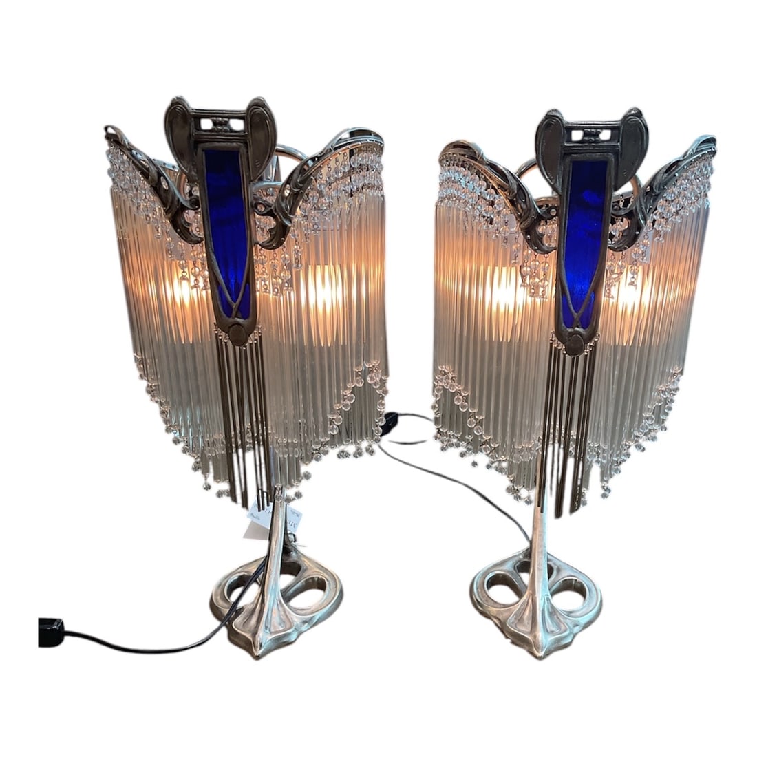 LM129 - Pair of Art Deco Crystal Rod Lamps with Blue Glass Accents: A dramatic and sculptural pair of Art Deco table