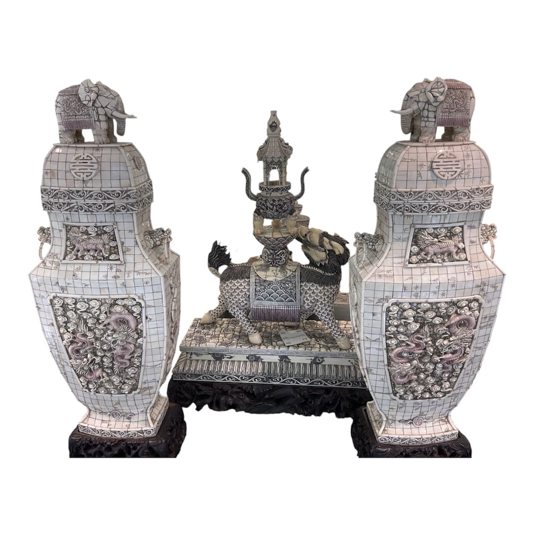 IC1274 - Pair of Carved Asian Vases with Dragon Panels and Elephant Finials (1 of 16)