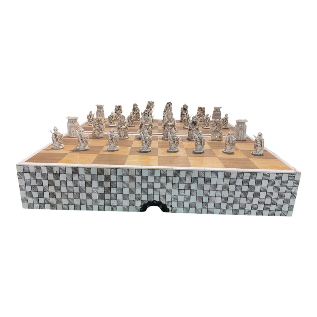 IC1526 - Asian Carved Chess Set with Figural Pieces and Storage Board: A finely crafted chess set featuring intricately carved figural pieces, presented on a fitted board with integrated storage. This set combines functionality with decorative artistry, making it both a 