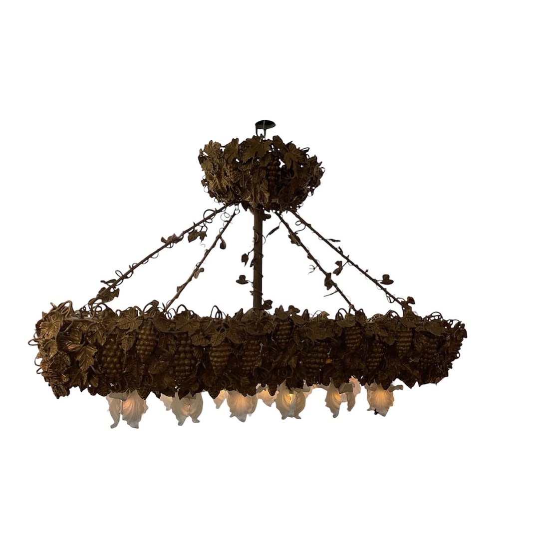 CH193 - Dore Bronze Grape Motif Rectangular Chandelier: An impressive dore bronze chandelier of elongated rectangular form, richly decorated with an abundance of sculpted grape clusters, curling vines, and broad leaves. This striking fixture draws on class