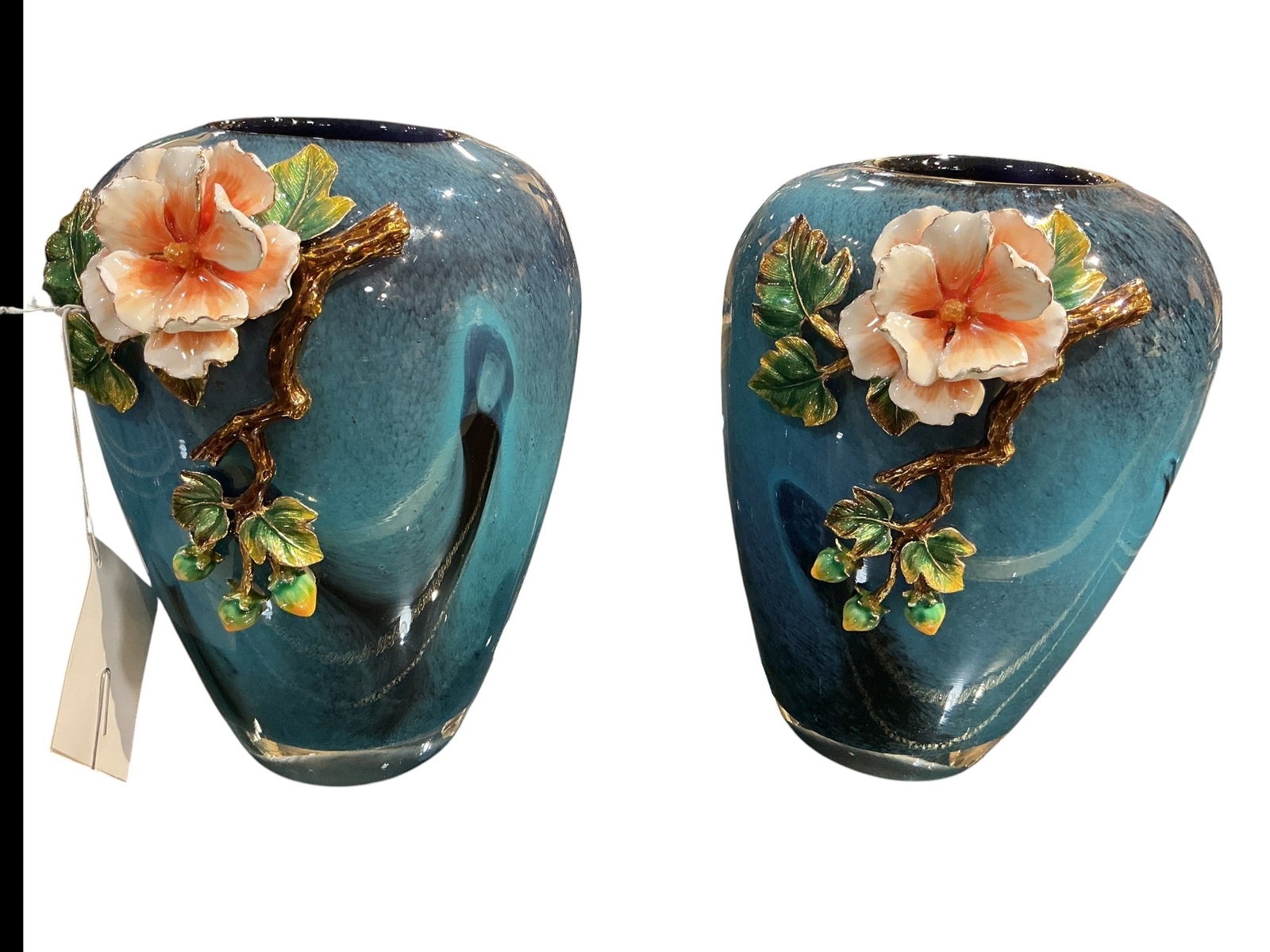CS1052- Pair of Blue Crystal and Enamel Mounted Vases with Floral Decoration (1 of 6)