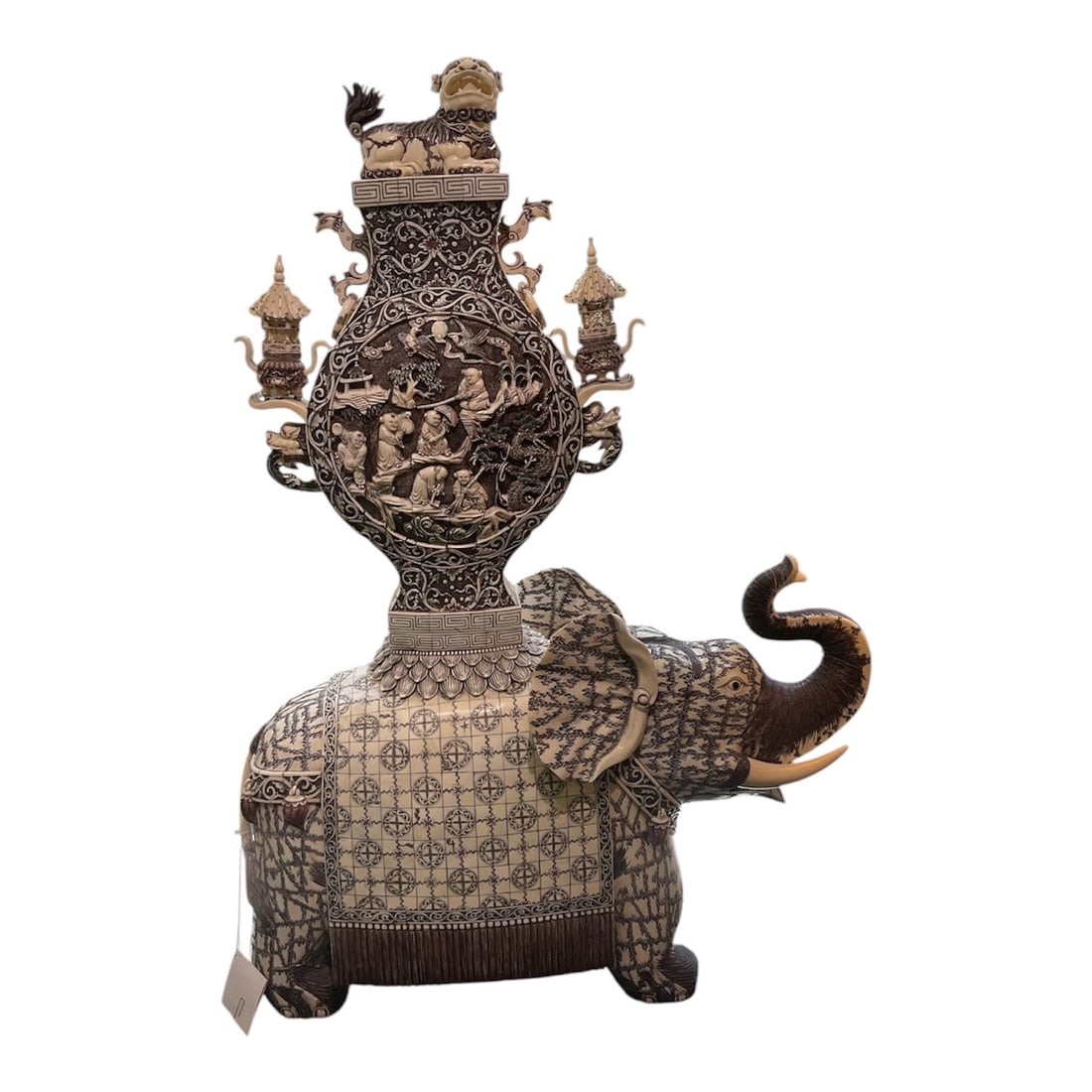 IC384 - Pair of Asian Carved Elephants with Figural Urns and Foo Lion Finials (1 of 20)