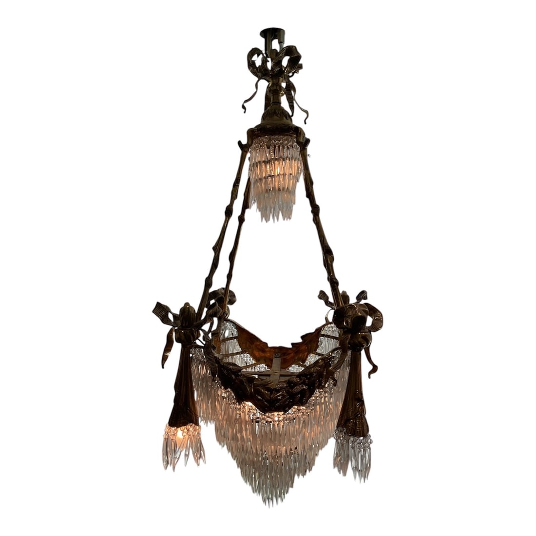 CH146 - Crystal and Dore Bronze Chandelier: An elegant chandelier combining dore bronze structure with cascading crystal elements, designed in a refined, classical style with strong decorative presence. The composition features a central illumi