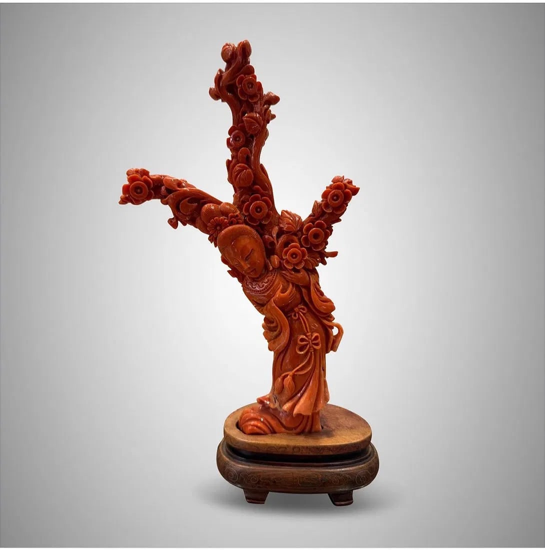 Red Coral Quan-Yin: Oriental carving made from red coral. Dimensions: H:10in L:6in W:2.75in Weight: 382 grams