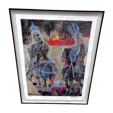 "Guerreros Medievale" by Alirio Palacios (Venezuela, 1938–2015), Limited Edition Mixed Media: A bold and richly textured composition by celebrated Venezuelan artist Alirio Palacios titled "Guerreros Medievale" (Medieval Warriors), created in 2009. This large-scale work reflects Palac