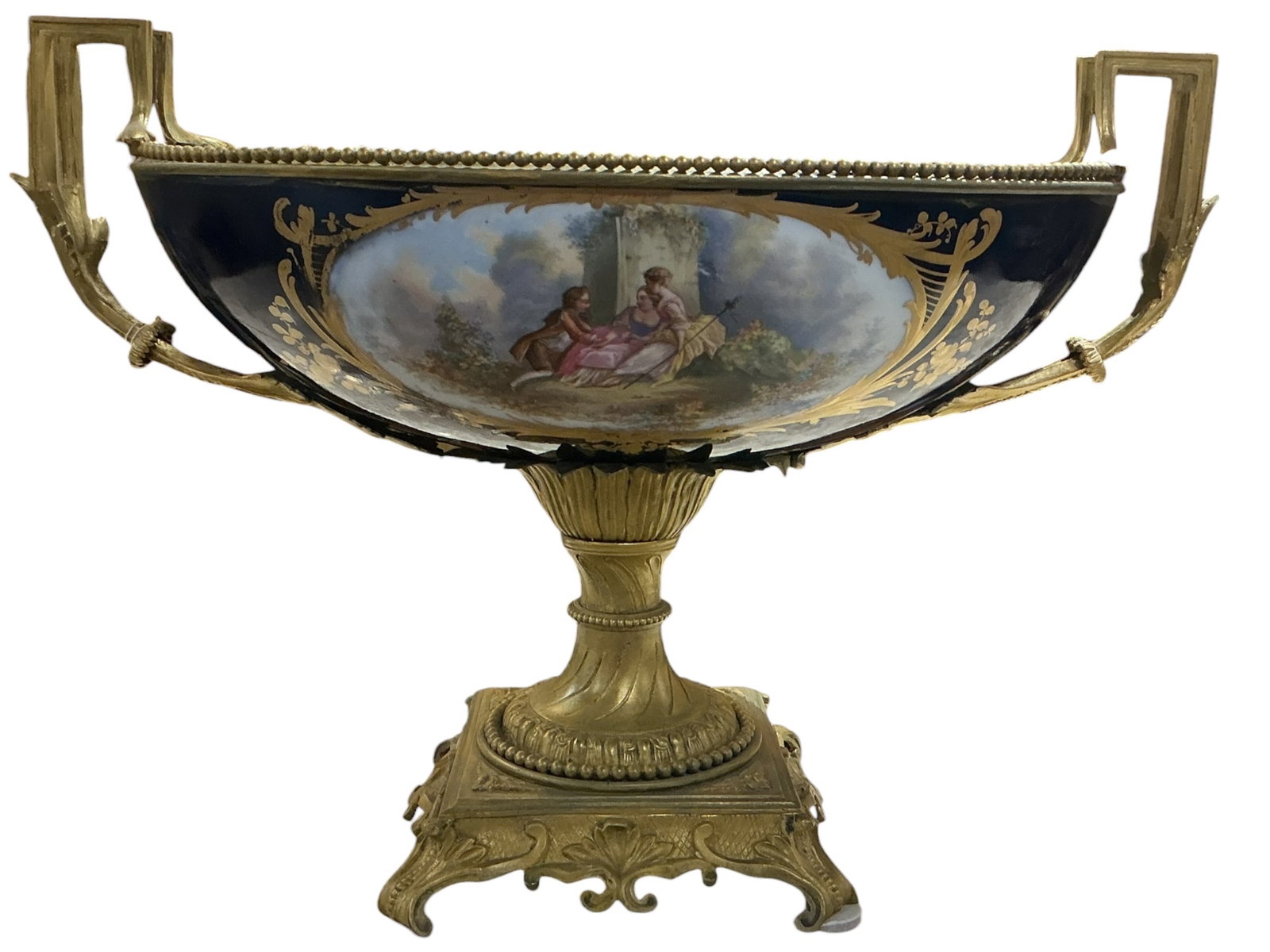 AQ201 - 19th Century Sevres Style Cobalt Blue Porcelain and Dore Bronze Centerpiece: An elegant 19th century Sevres style centerpiec