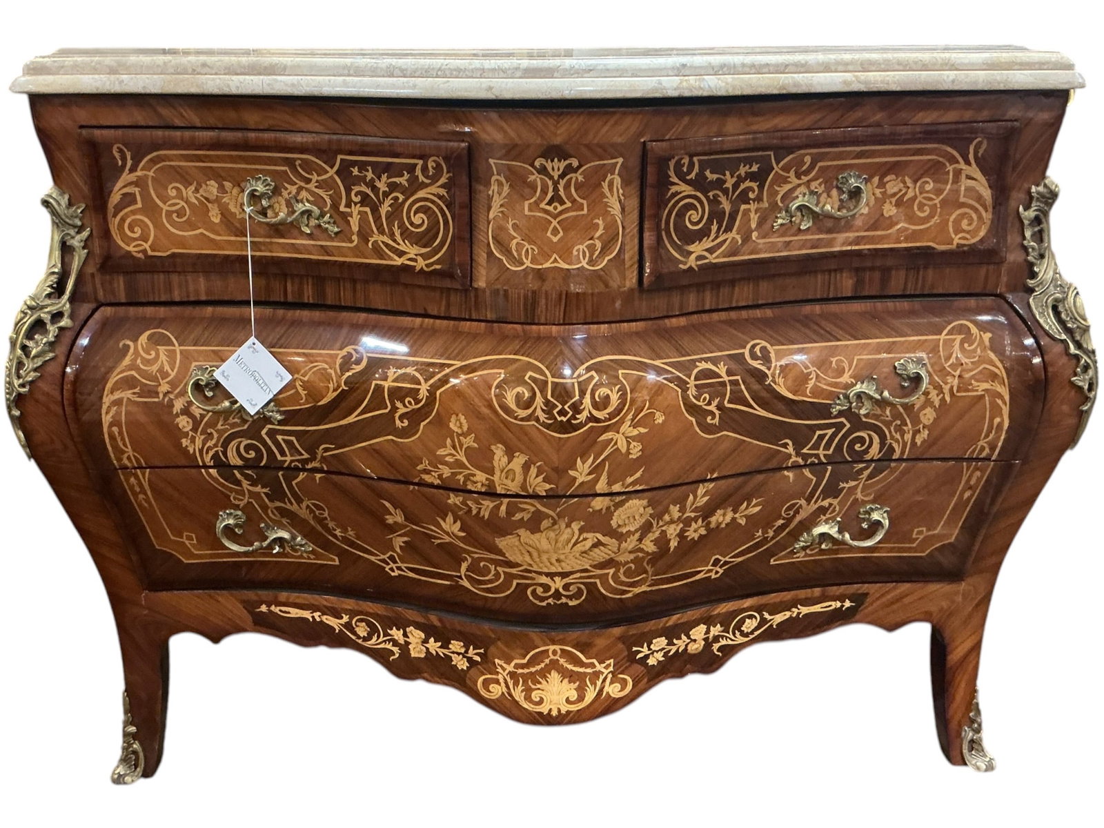 FR336 - French Style Marquetry Inlaid and Dore Bronze Mounted Four Drawer Commode (1 of 8)