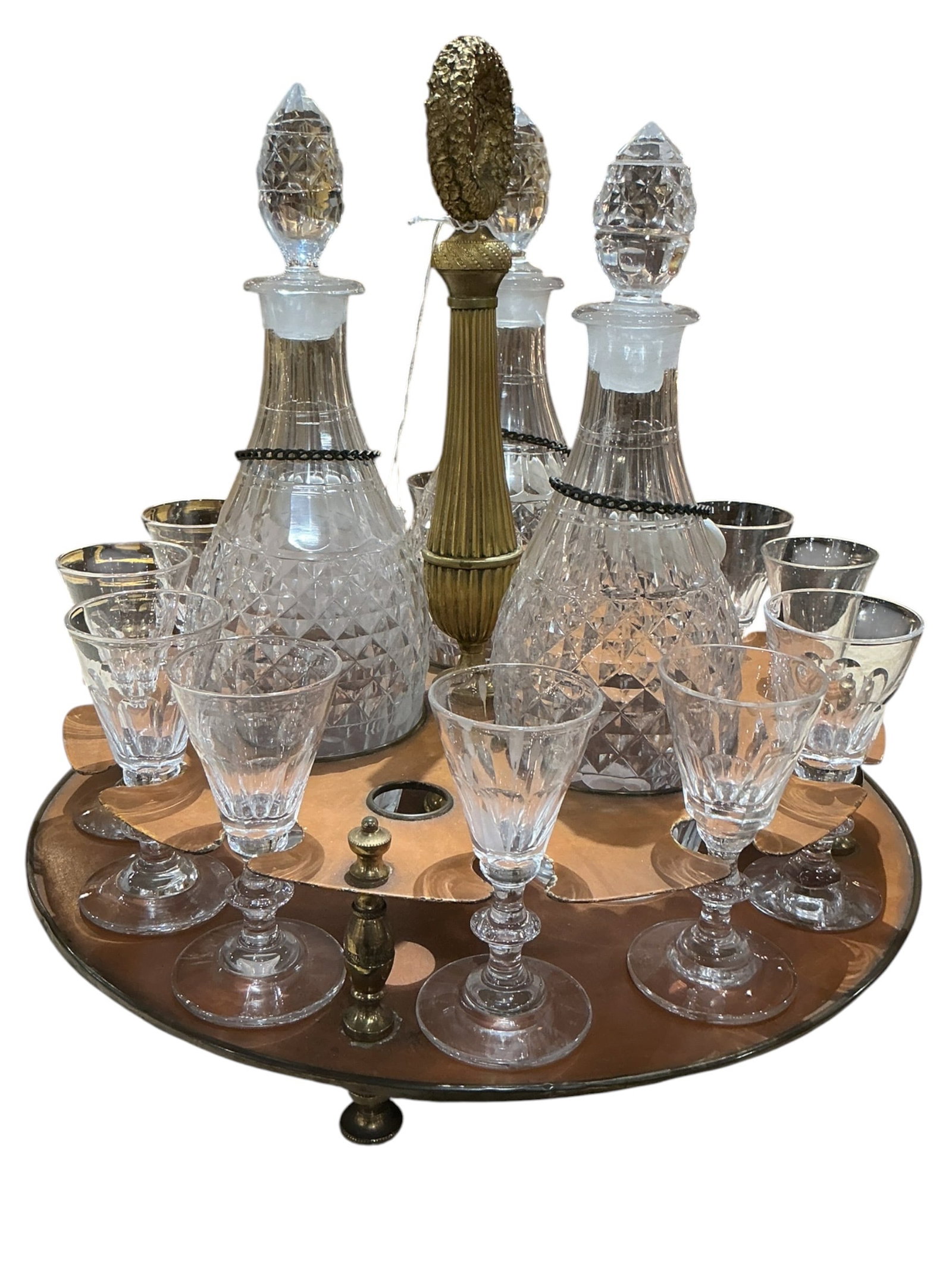 AQ078 - Antique Circular Tantalus Decanter Set with Cut Crystal and Stand (1 of 9)
